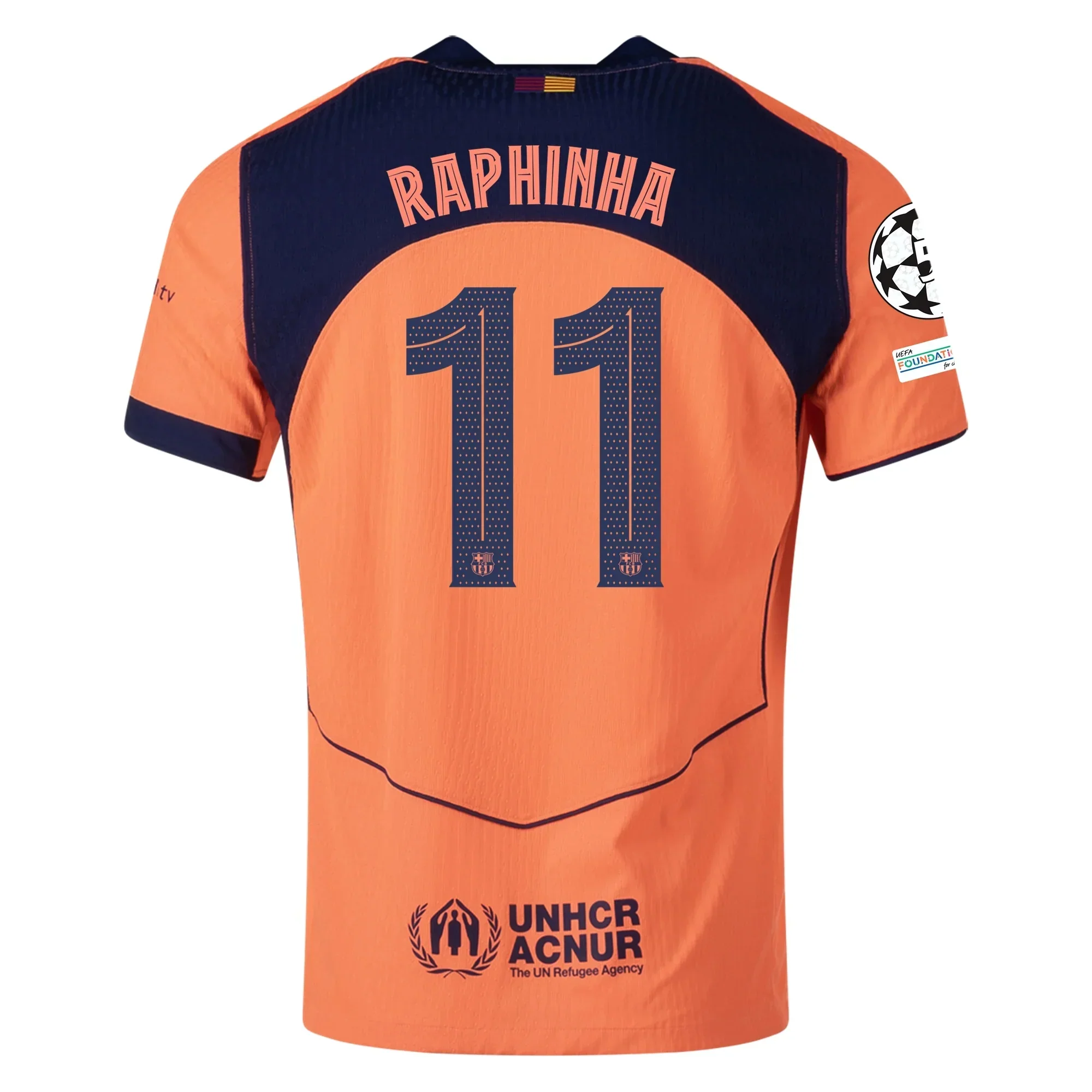 Raphinha FC Barcelona Third T90 Authentic Jersey 25/26 w/ Champions League Patches (Mango/Navy)