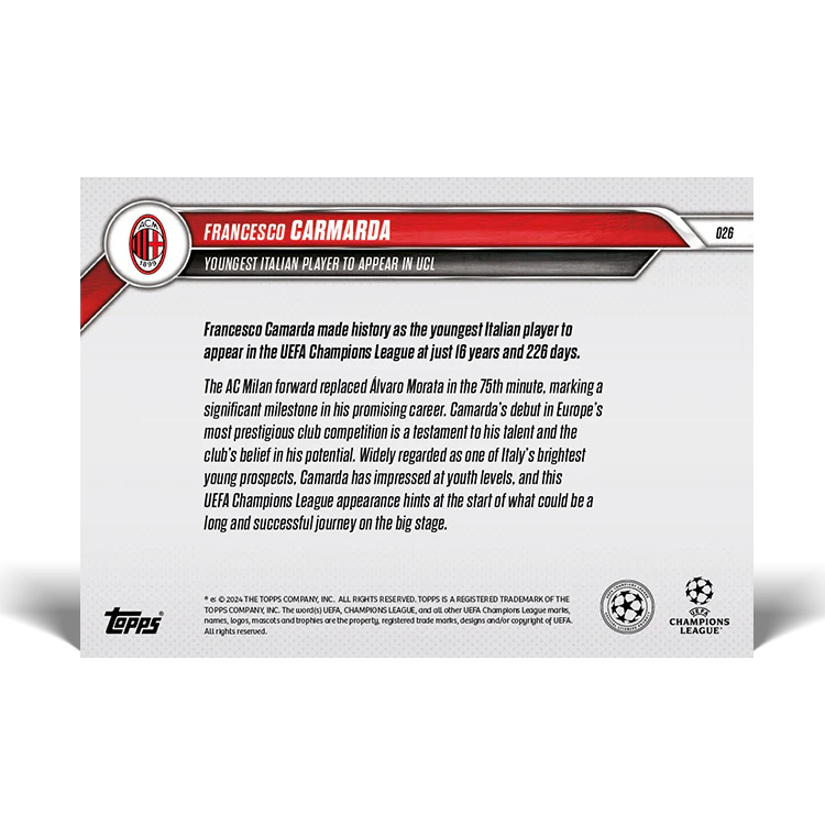 Francesco Carmarda - Youngest Italian player to appear in the UEFA Champions League - 24/25 UCC Topps NOW® Card 26