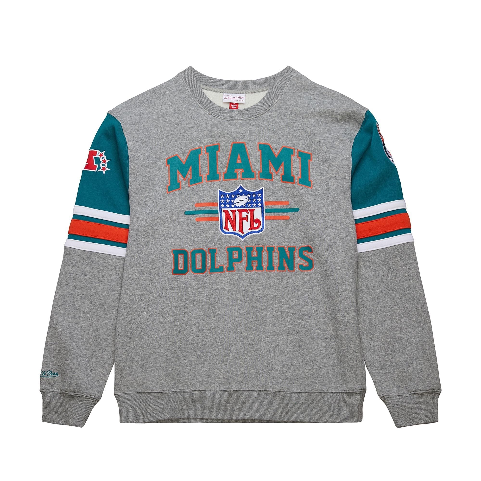 Miami Dolphins Mitchell & Ness All Over Crew 4.0 NFL Pullover Gray