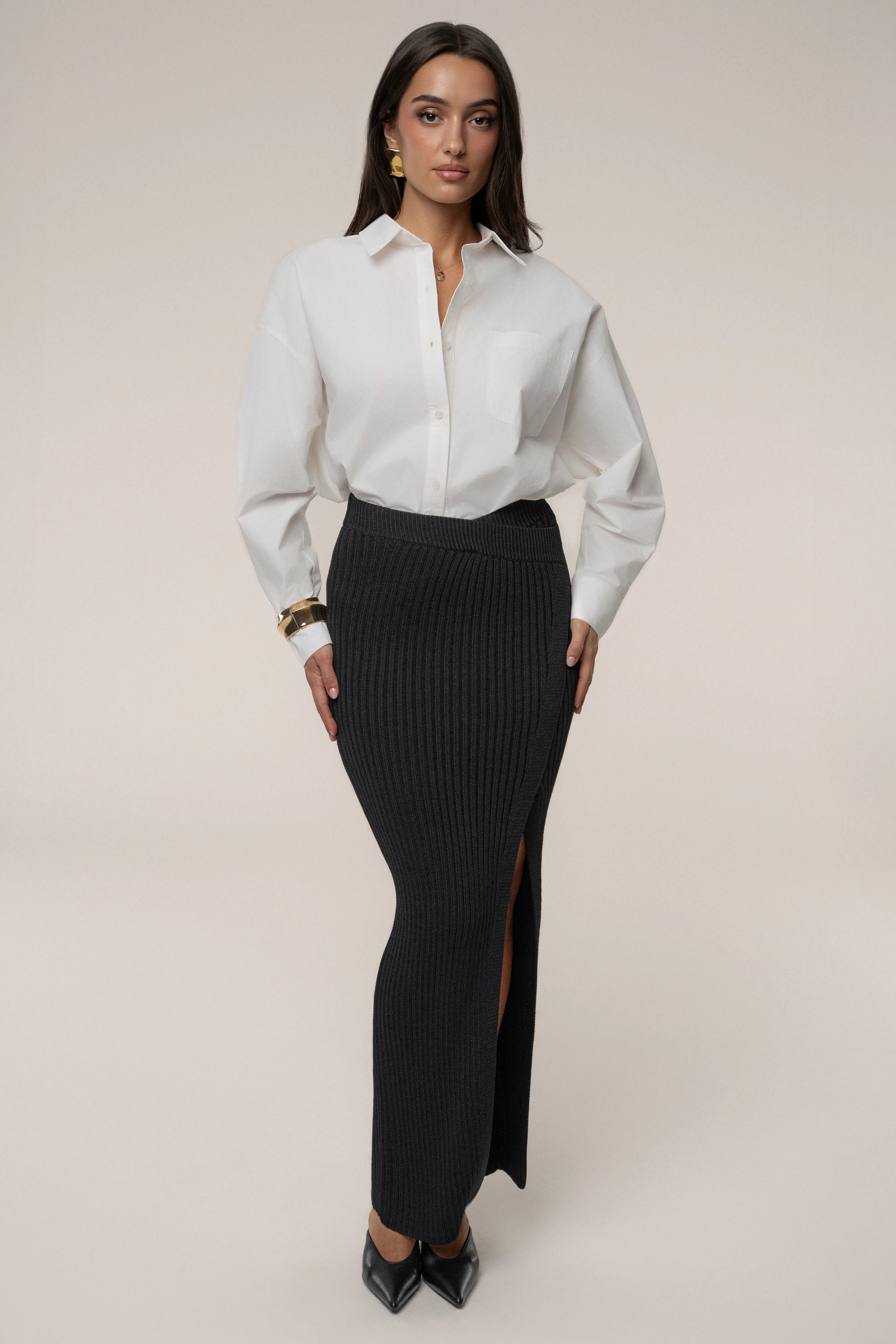 Black Hamptons Ribbed Slit Skirt