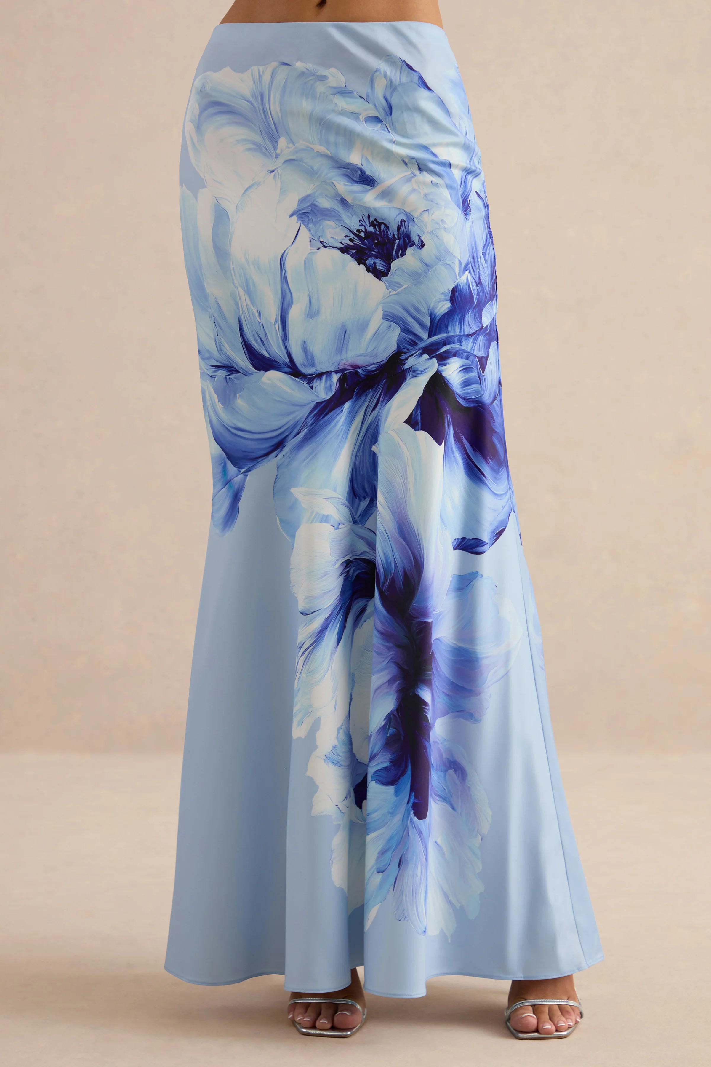 Vayla | Blue Floral Print Satin High Rise Maxi Skirt