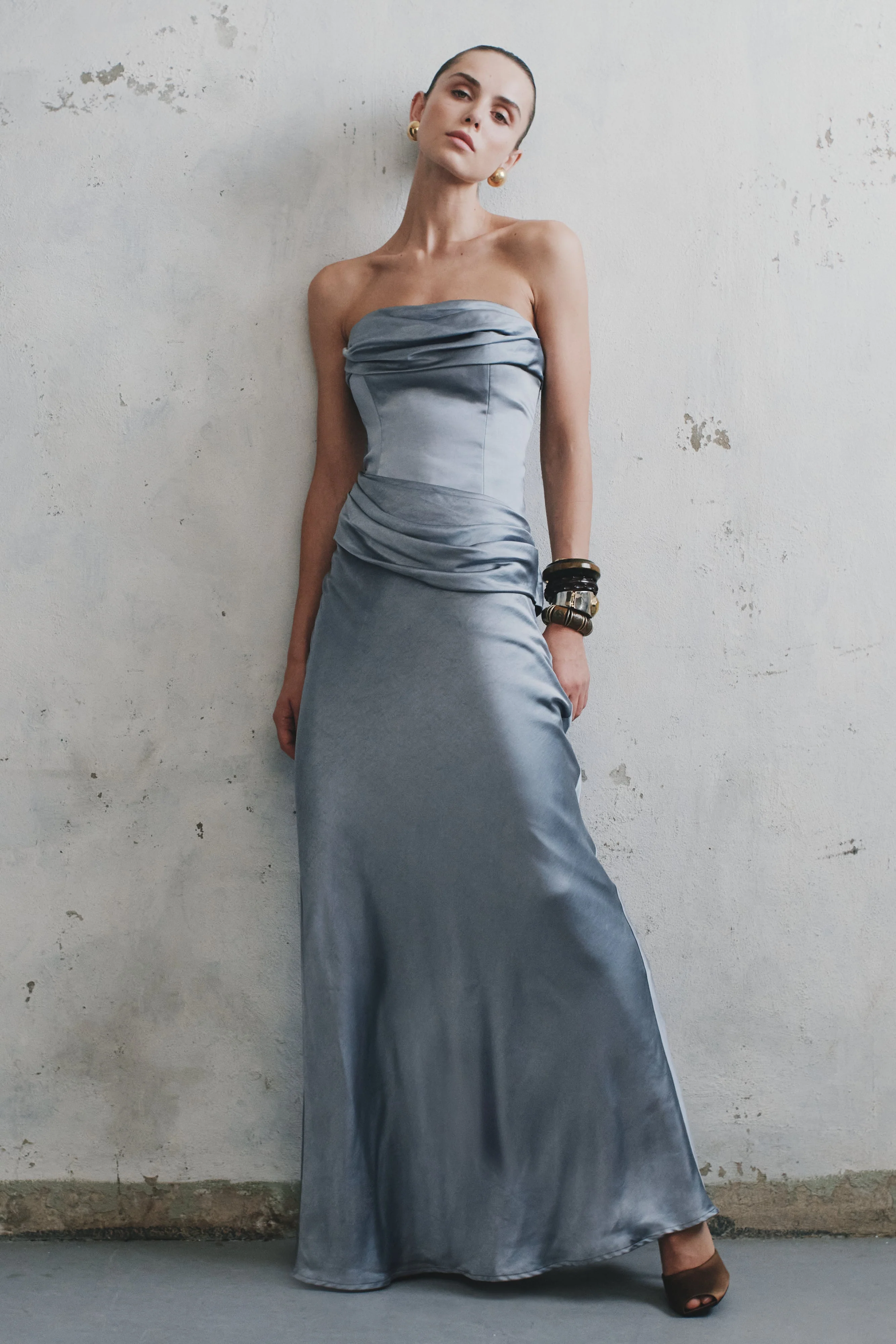 Jasmine Strapless Satin Maxi Dress - Frosted Blue