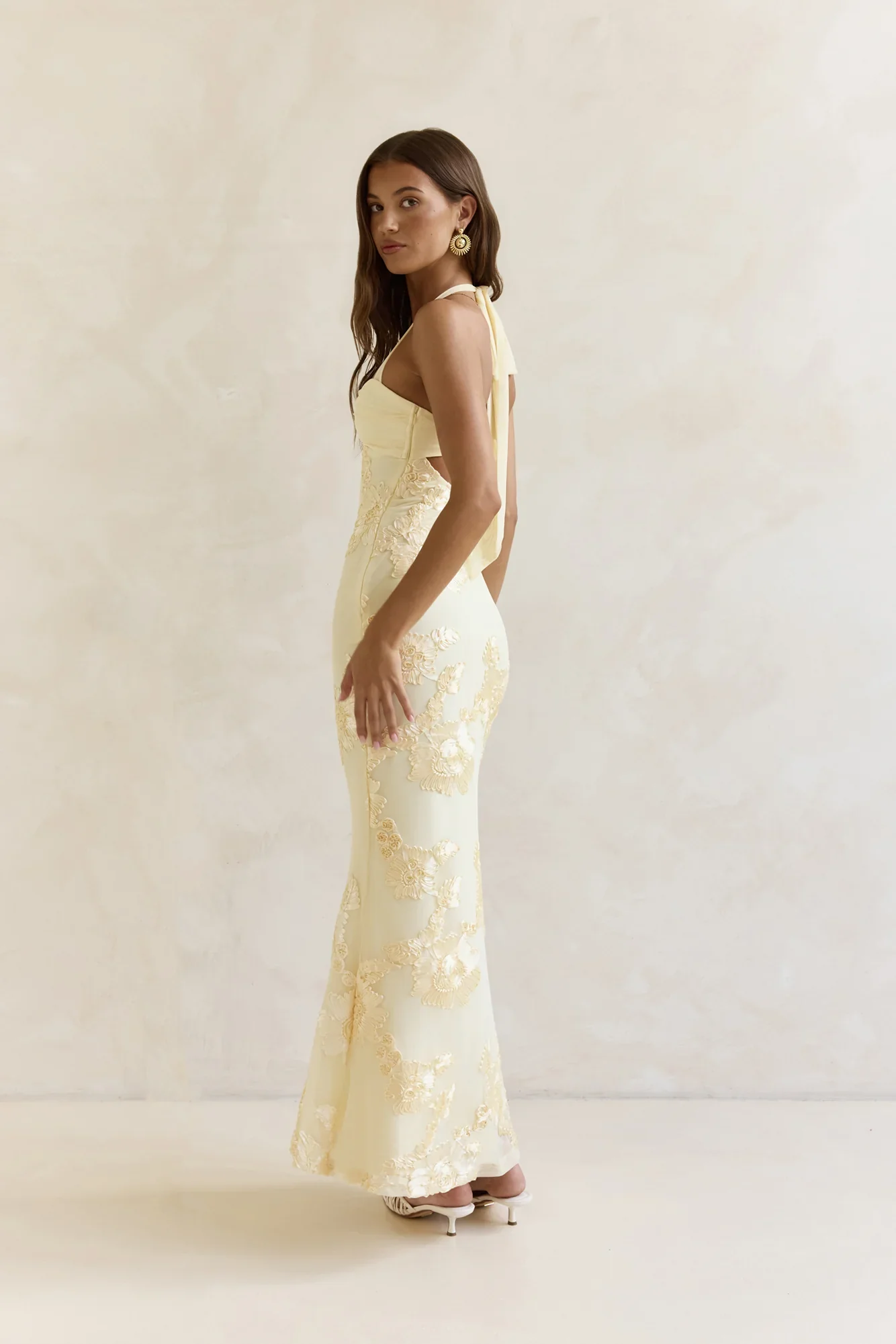 Skybloom Mesh Halter Maxi Dress Yellow