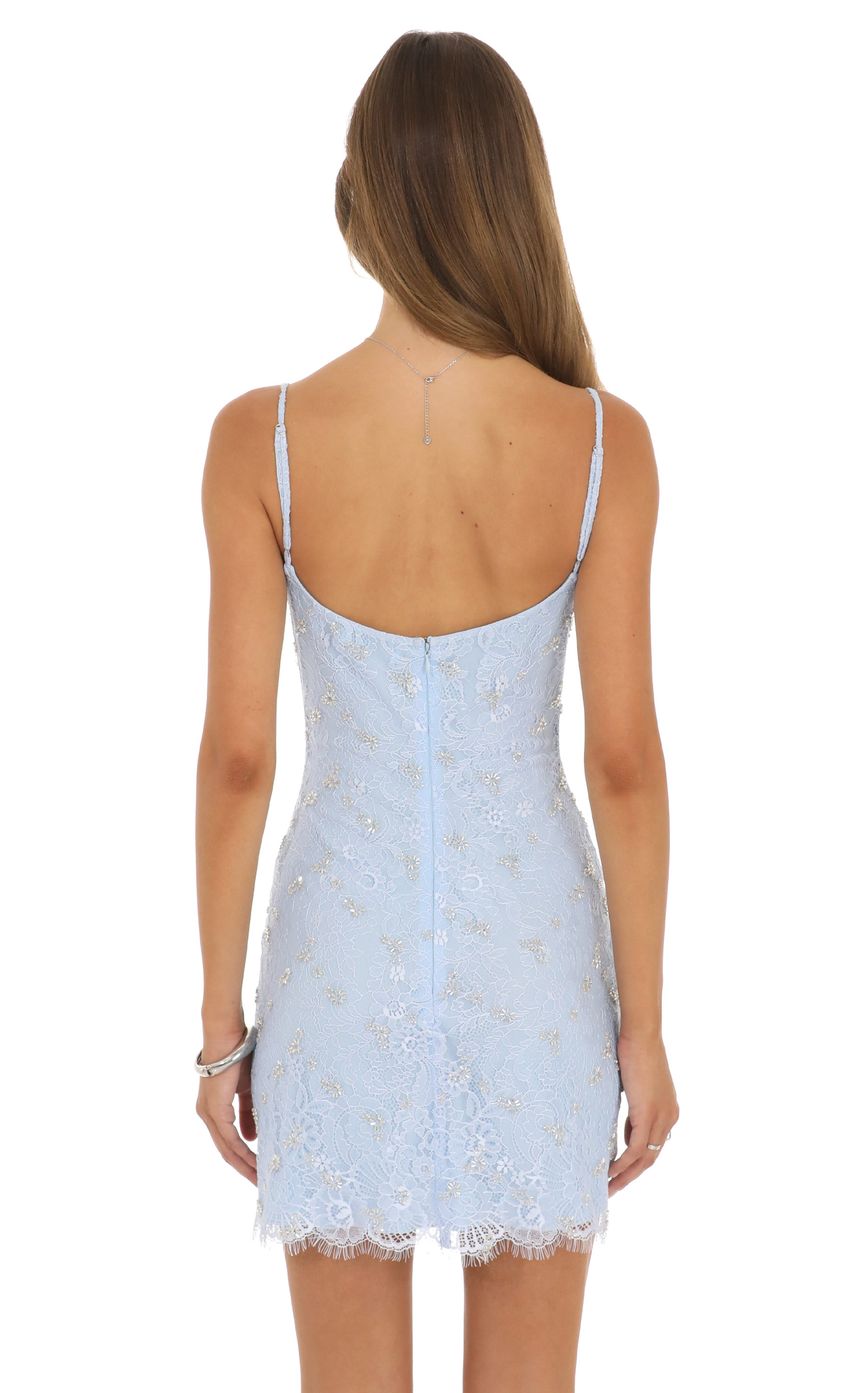 Beaded Lace Mini Dress - Light Blue