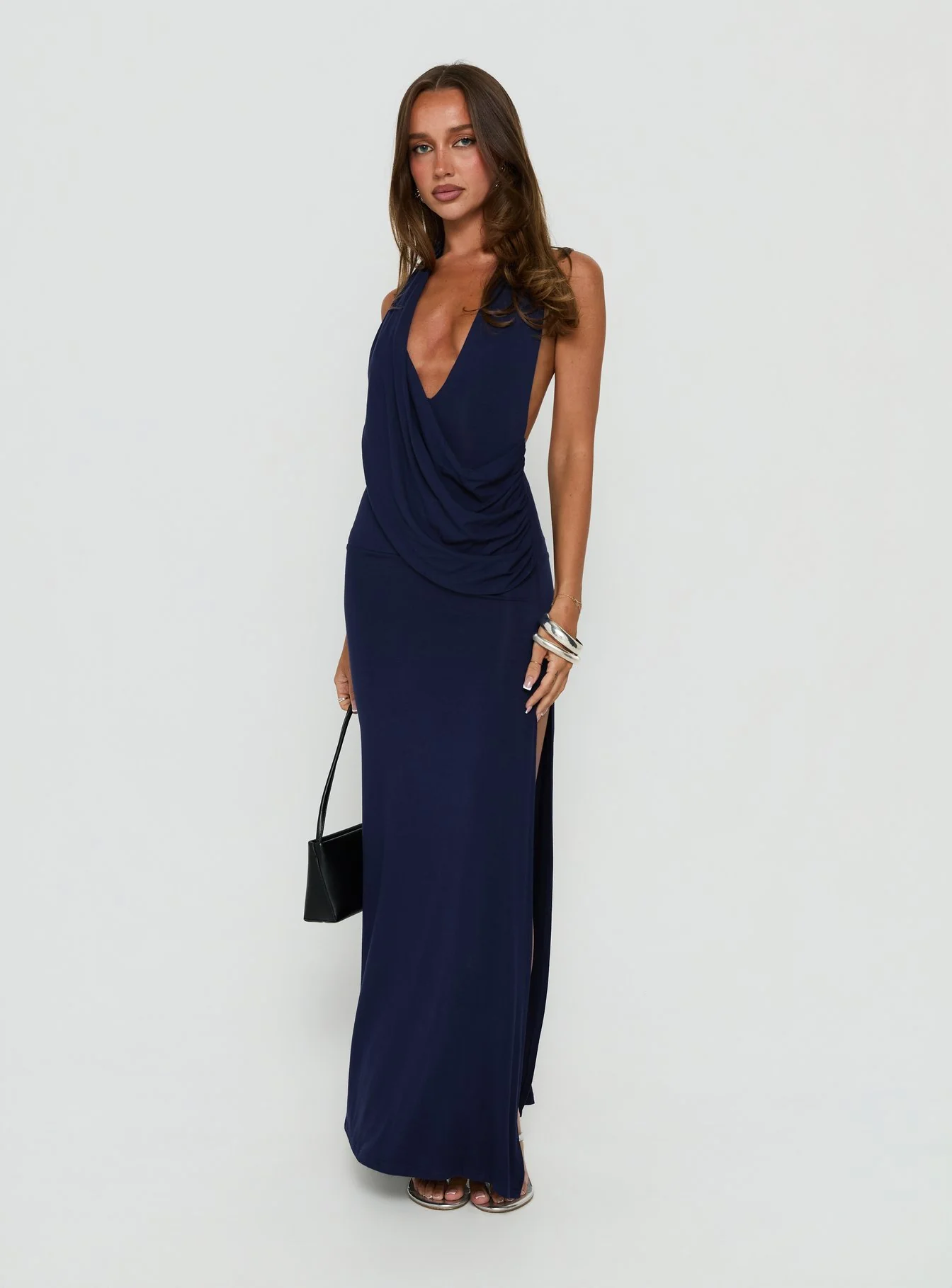 Asmeralda Plunge Low Back Maxi Dress Navy