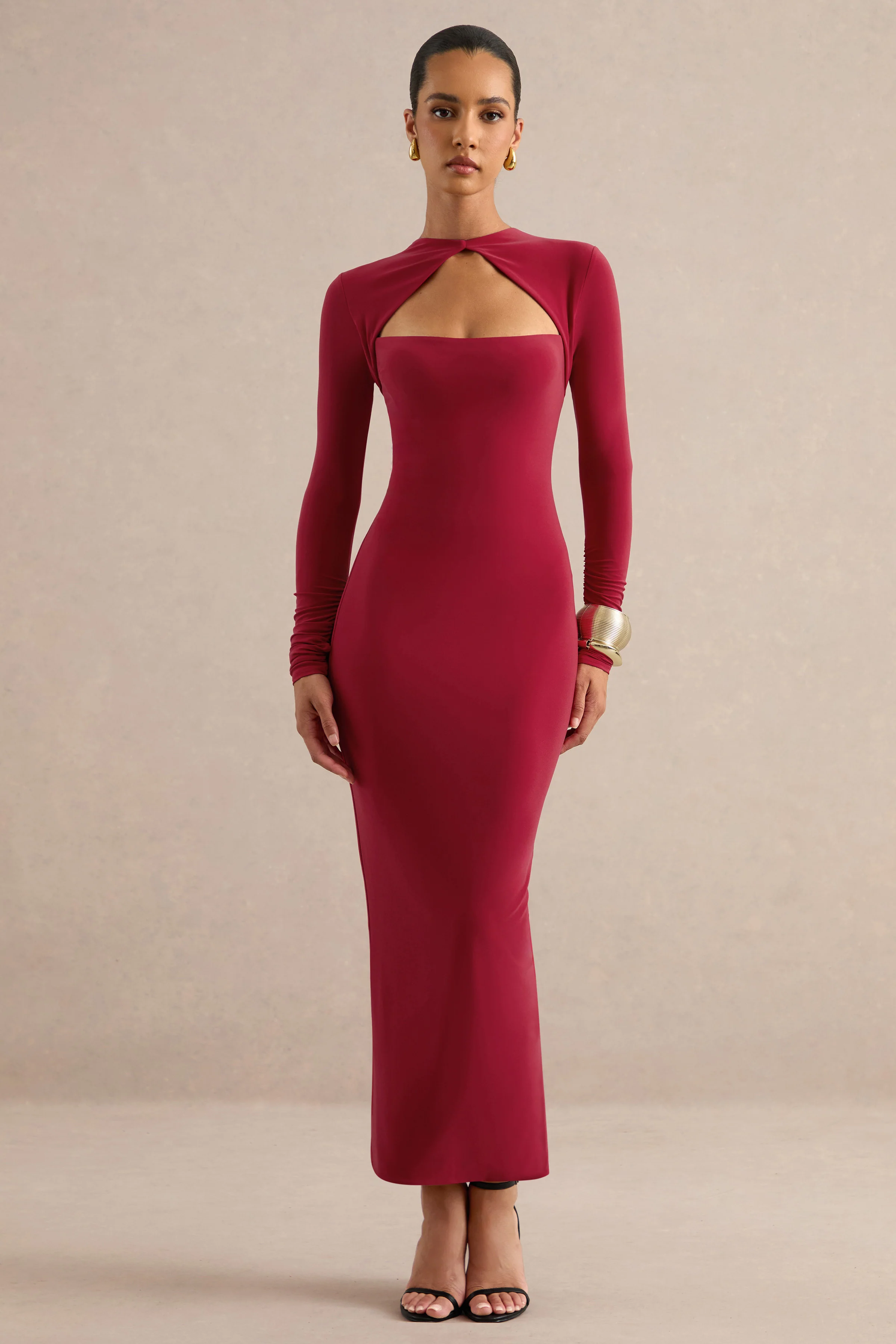 Felicienne | Red Jersey Round Neck Long Sleeve Midi Dress With Chest Cut Out And Back Split