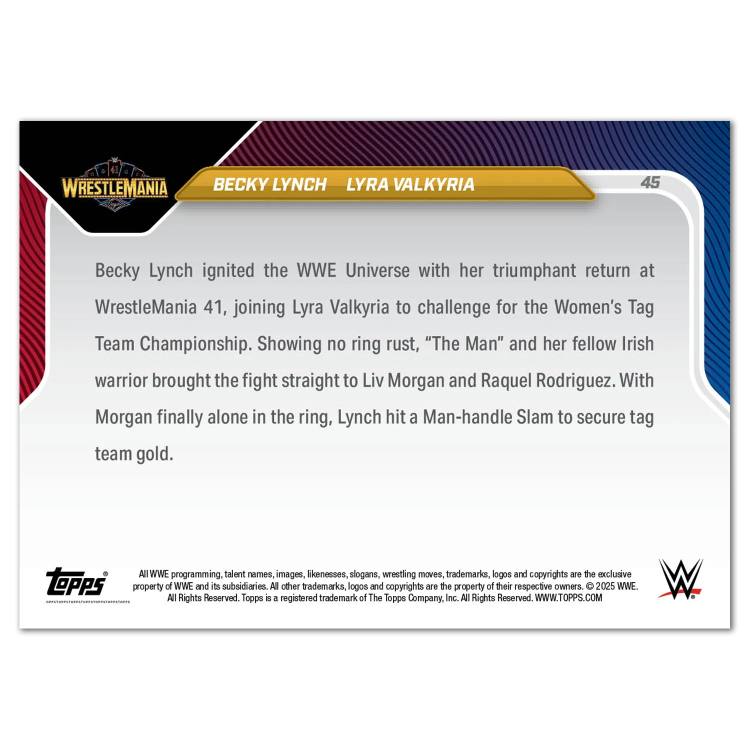 Becky Lynch/Lyra Valkyria - 2025 WWE Topps NOW® - Card 45