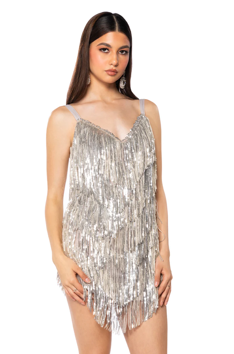 Show Up Fringe Mini Dress In Silver