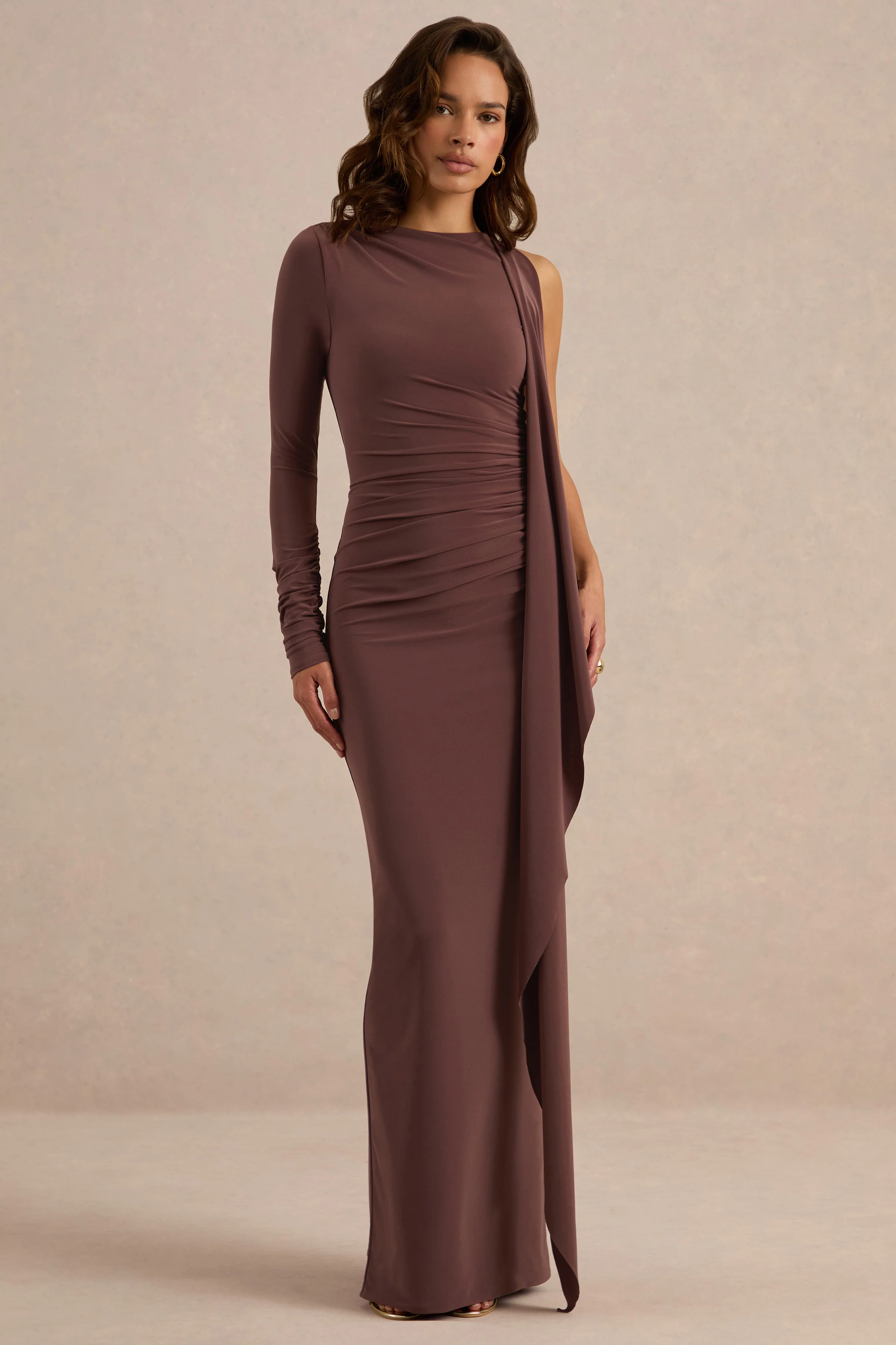 Epona | Dark Brown Jersey Boat Neck Long Sleeve Maxi Dress With Sash And Back Split