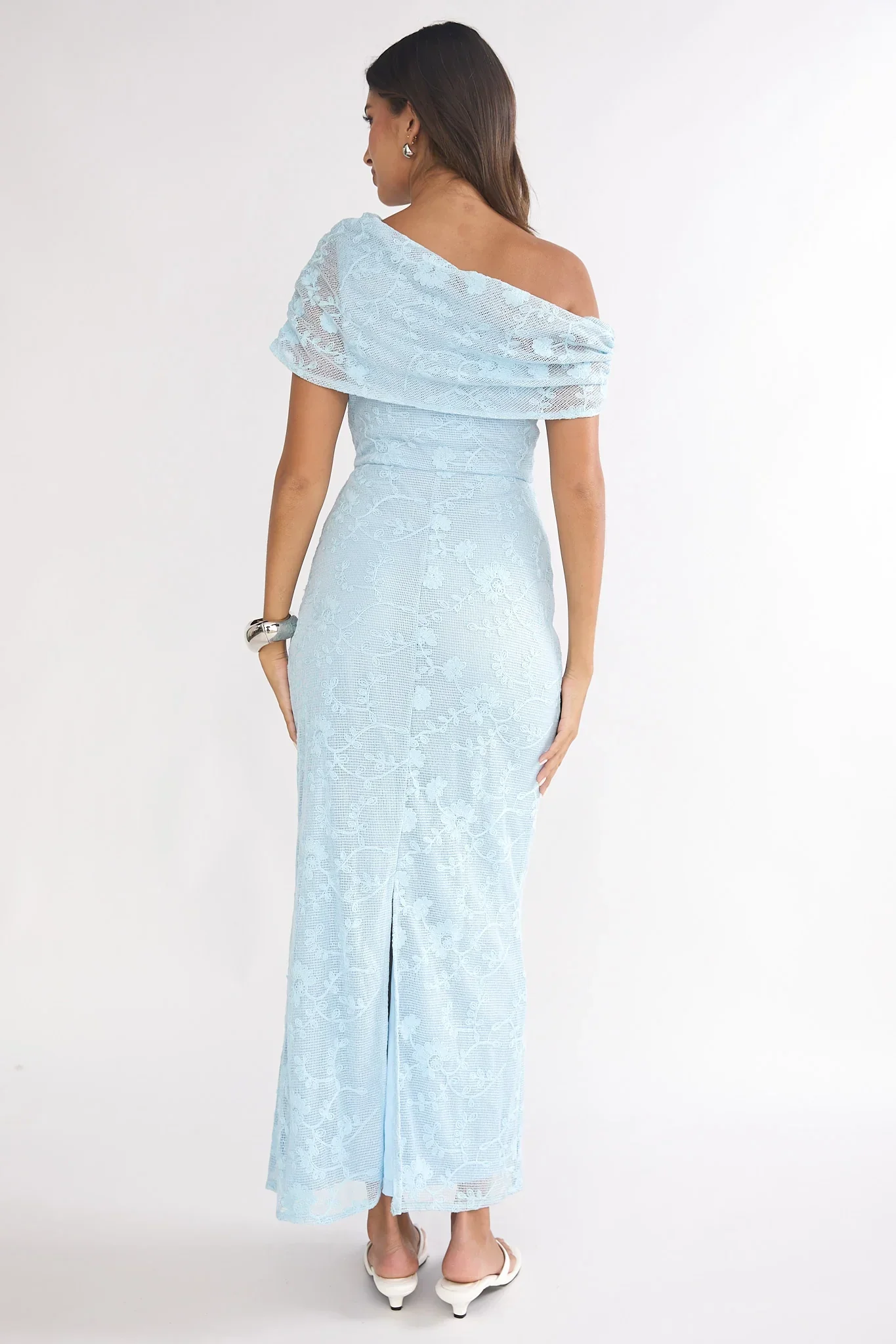 Elita Asymmetric Neckline Lace Maxi Dress Blue