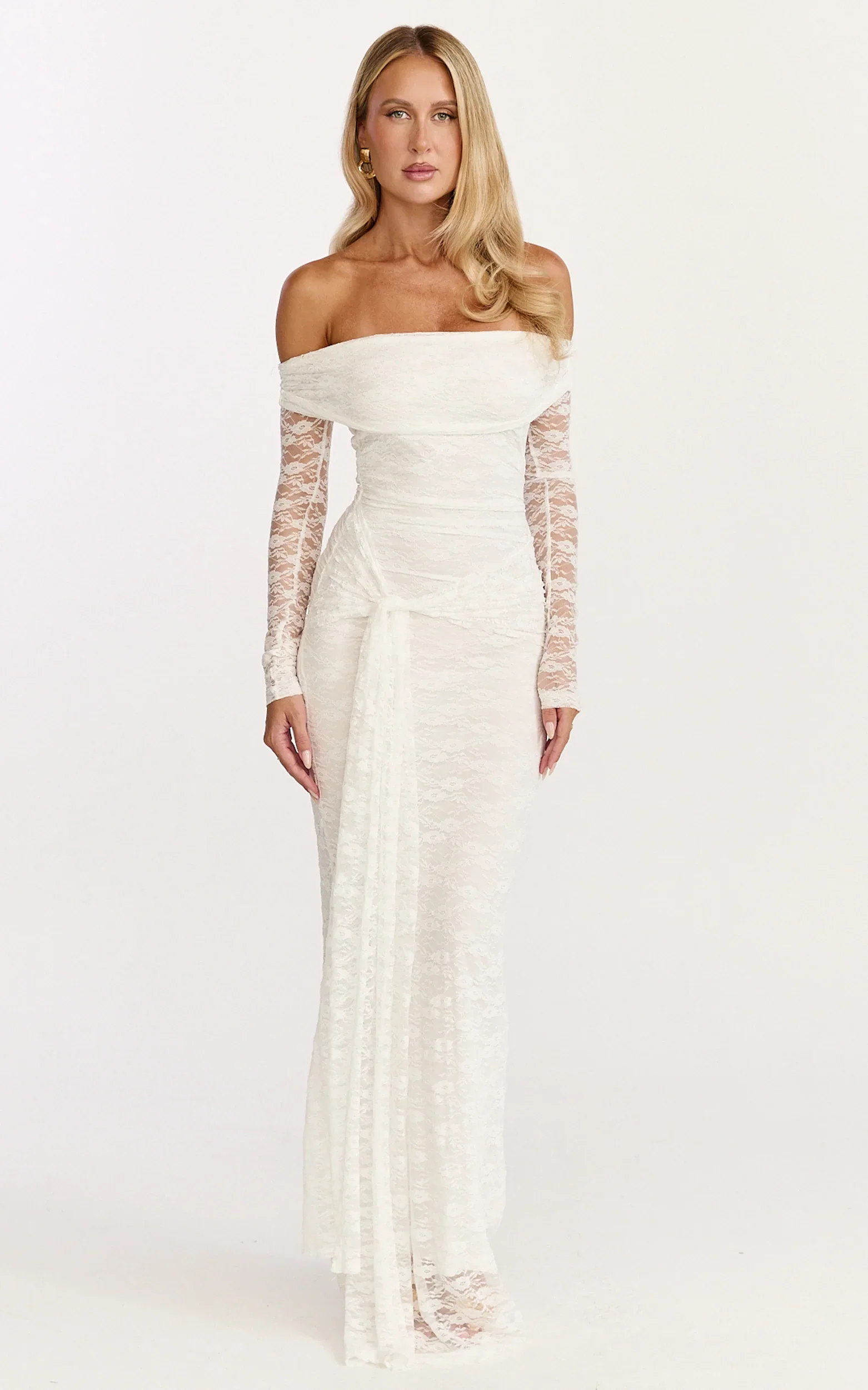 Melville Maxi Dress - Off Shoulder Long Sleeve Lace Dress in White