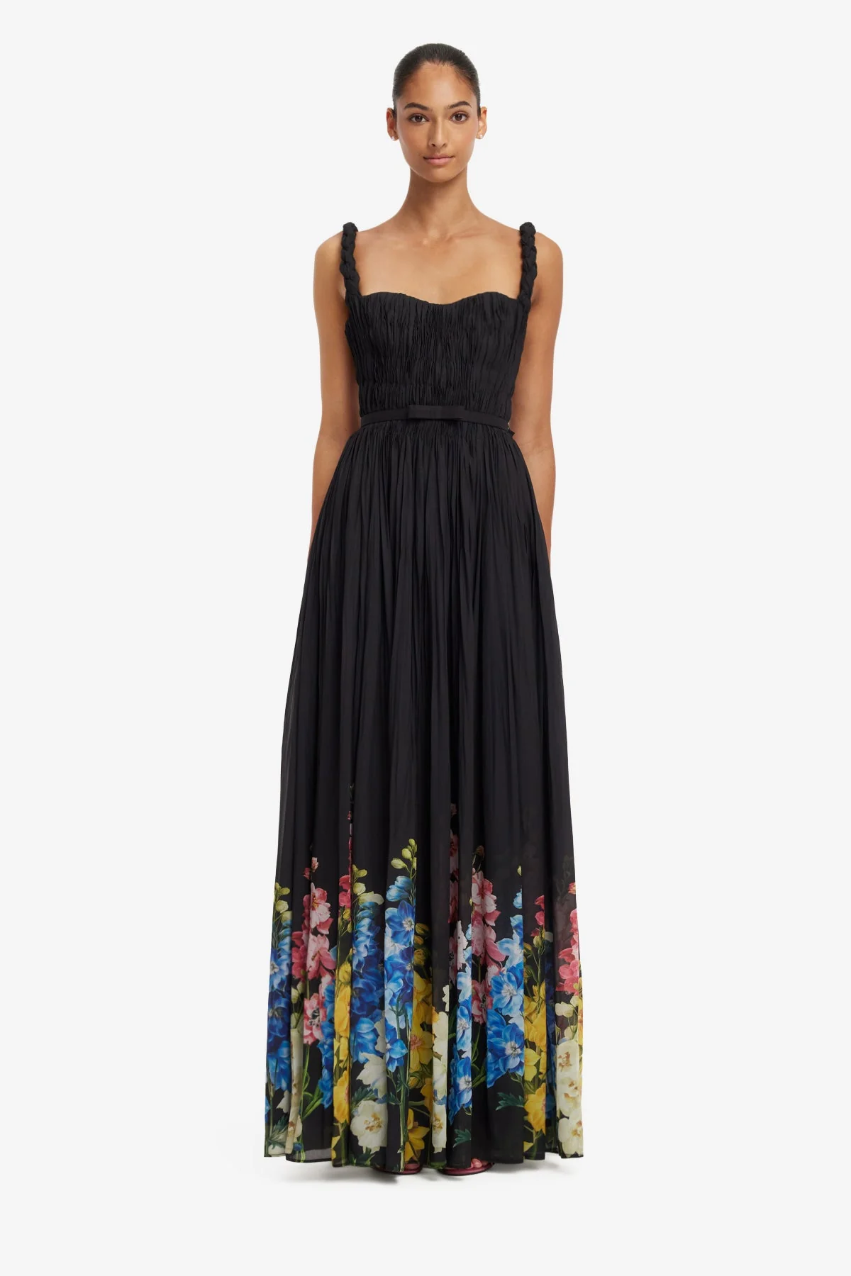 Angelina Ruffled Floor Length Dress - Snapdragon Print in Ebony