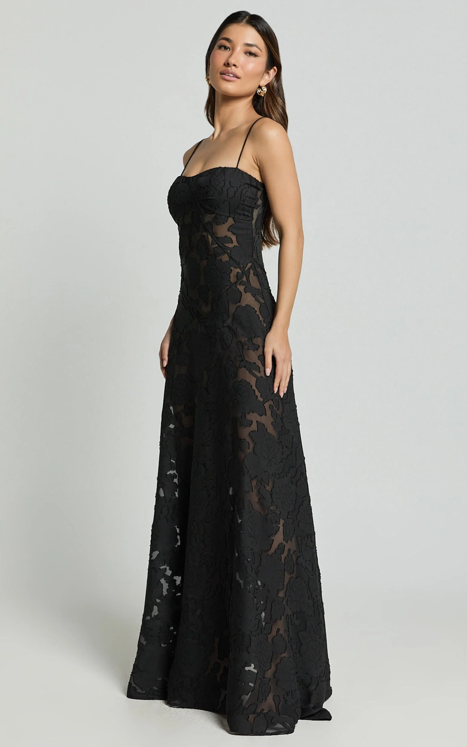 Lily Maxi Dress - Sheer Jacquard Maxi Dress in Black