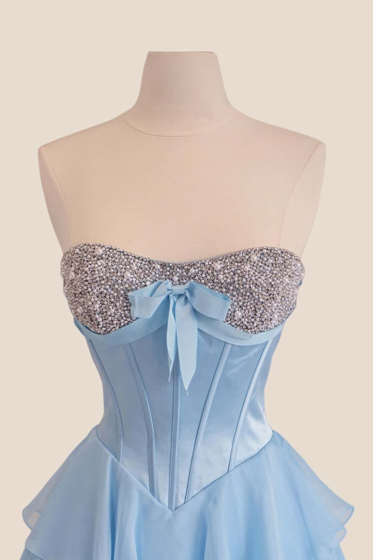 Light Blue Chiffon Ruffle Pearls Prom Dress