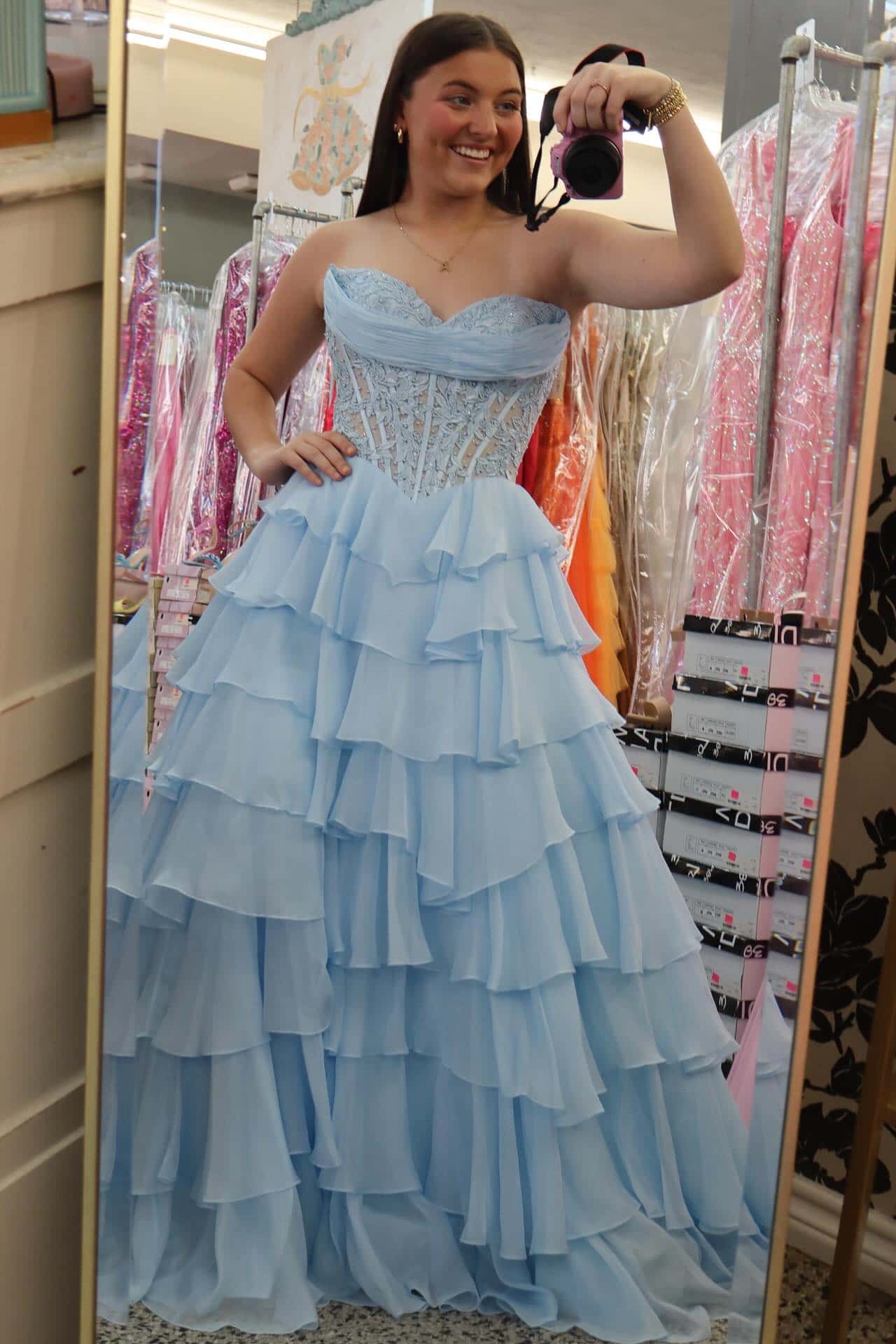 Light Blue Lace Corset Chiffon Ruffle Long Dress
