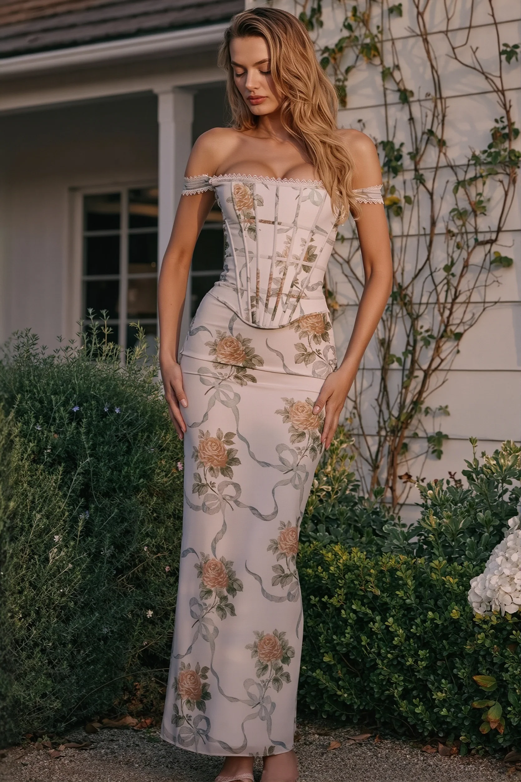 Floral Printed Bandeau Bodycon Maxi Dress