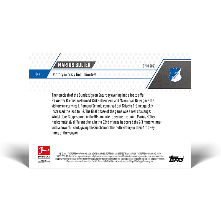 Topps UK - Marius Bülter - Victory in crazy final minutes! - Bundesliga TOPPS NOW® Card #44