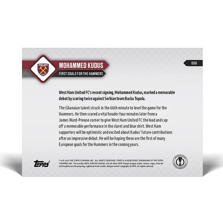 Topps UK - Mohammed Kudus - First goal for the Hammers - UEL TOPPS NOW® Card #9