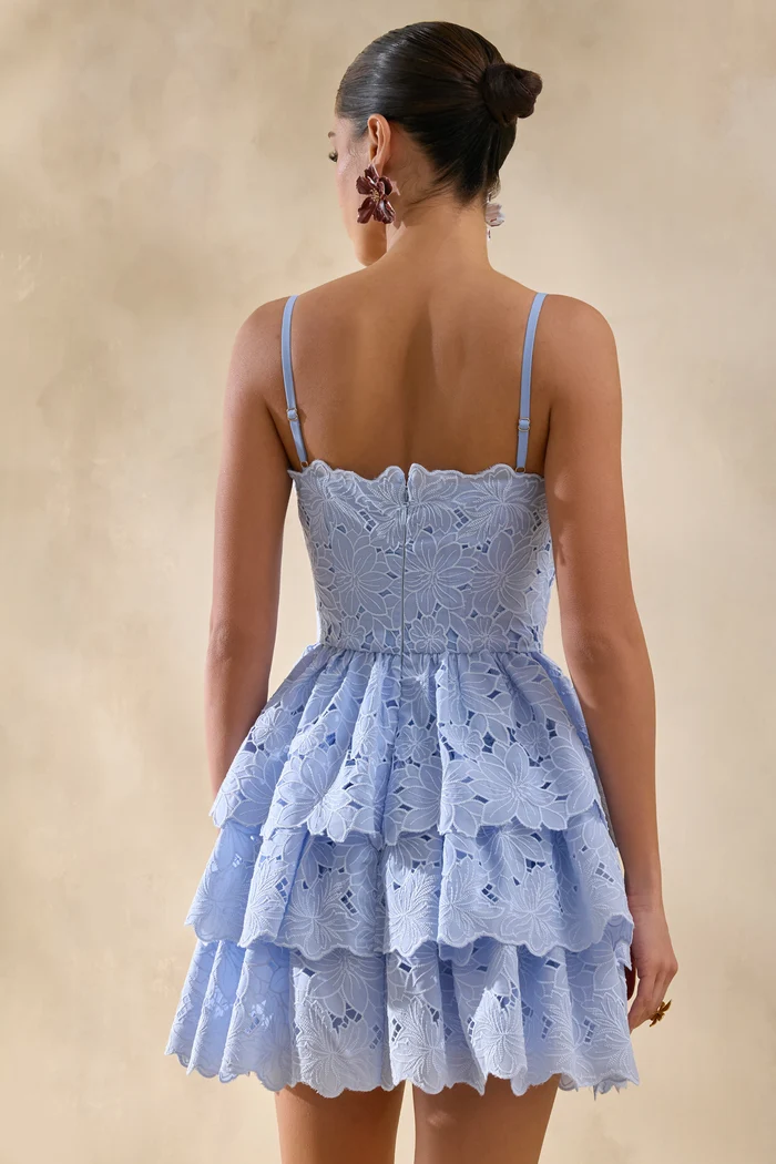 Powder Blue Lace Square-Neck Mini Dress With Ruffled Detailing