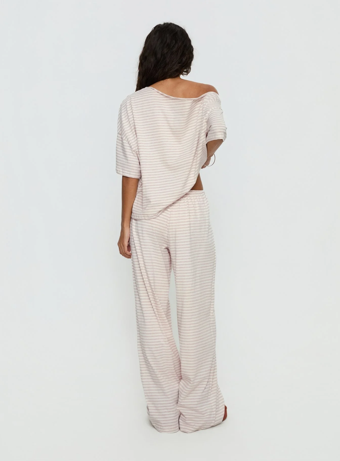 Tobie Off Shoulder Sleep Set Beige Stripe