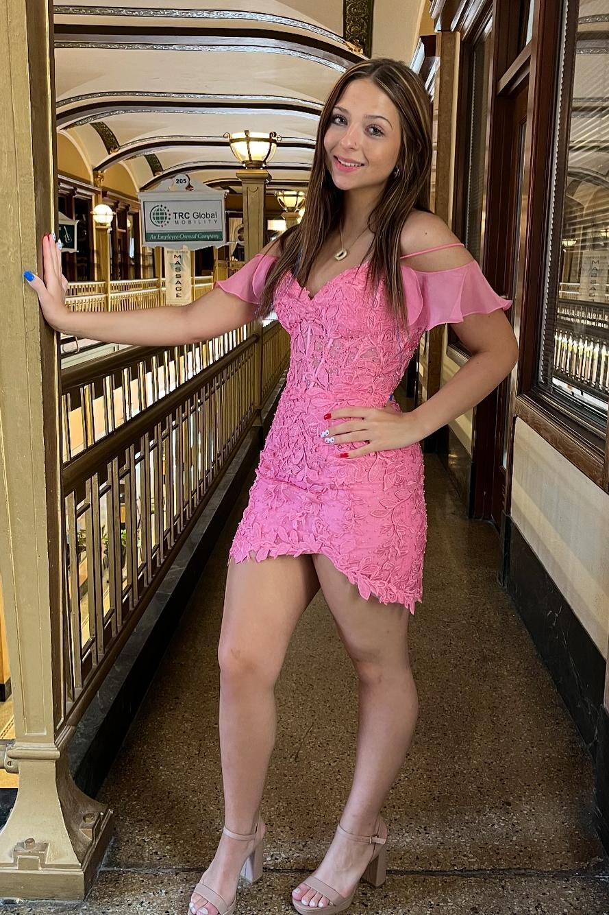 Cold Shoulder Magenta Lace Appliques Short Dress