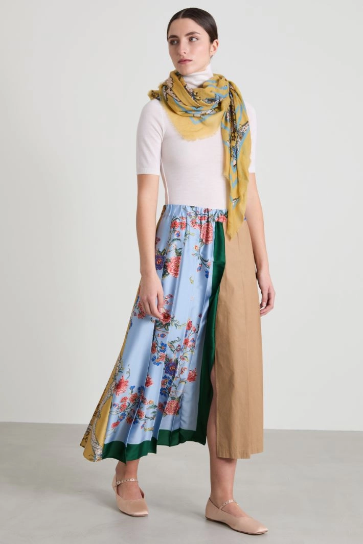 Printed canvas and twill midi skirt - BEIGE