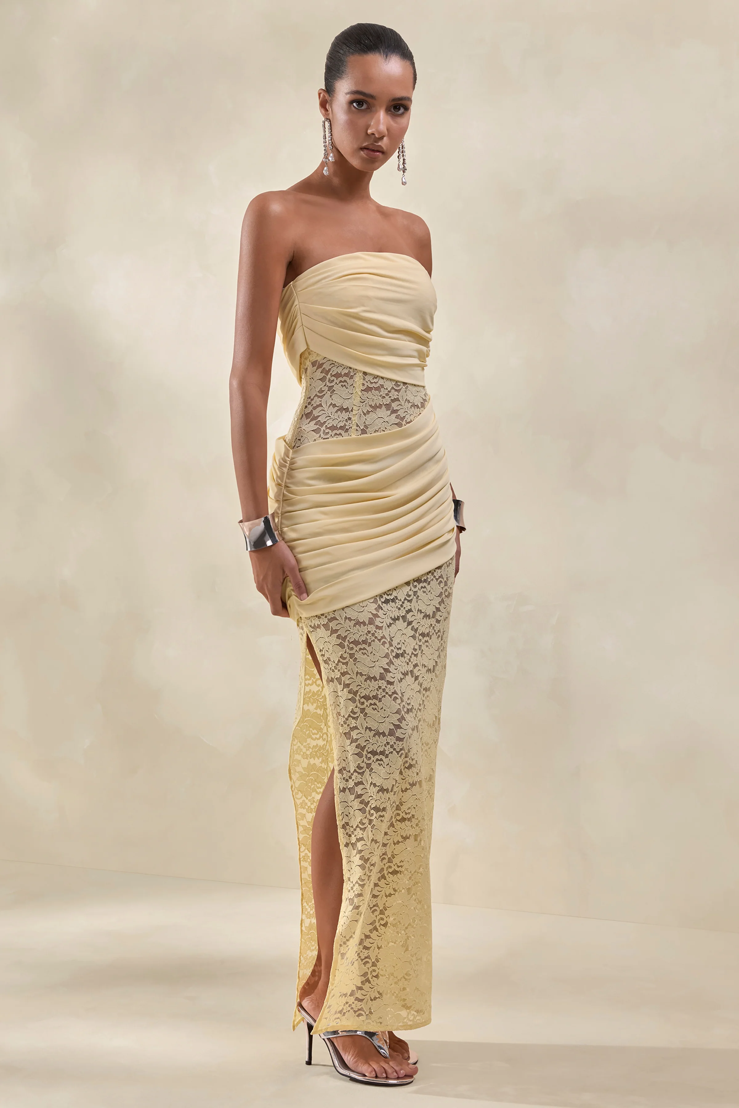 Lalita | Lemon Lace And Satin Bandeau Maxi Dress With Wrap-Details