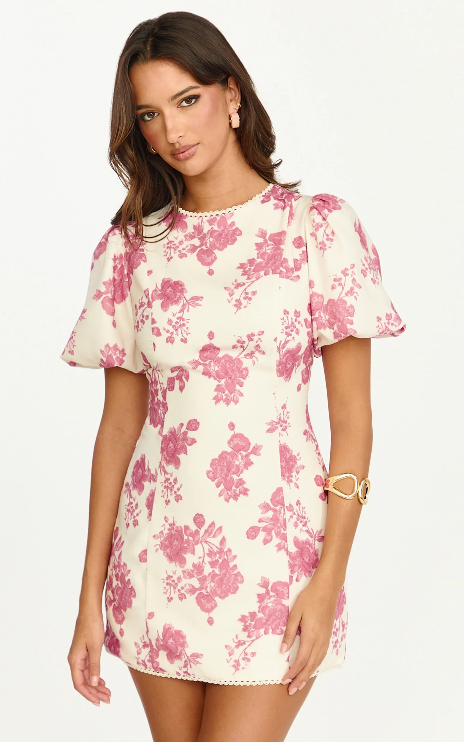 Lila Mini Dress - High Neck Puff Sleeve Lace Back Fitted Dress in Toile De Joie Print