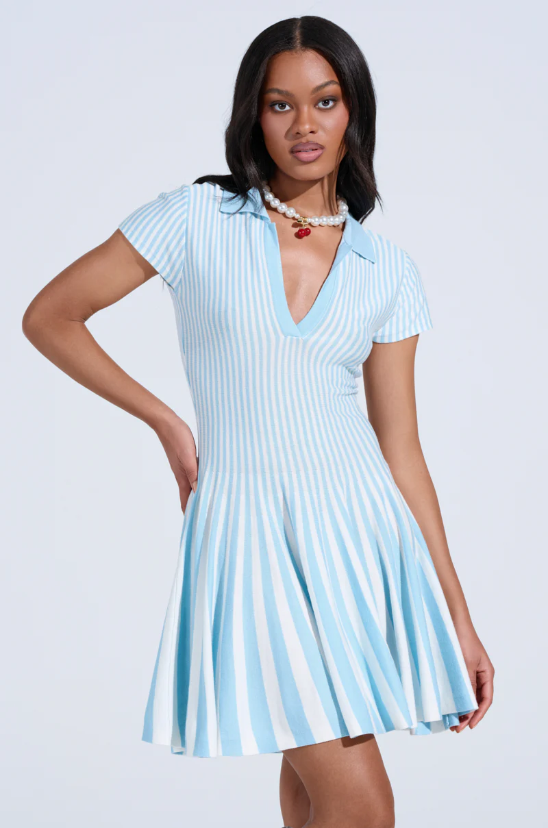 Alina Pleated Knit Fit And Flare Mini Dress In Blue