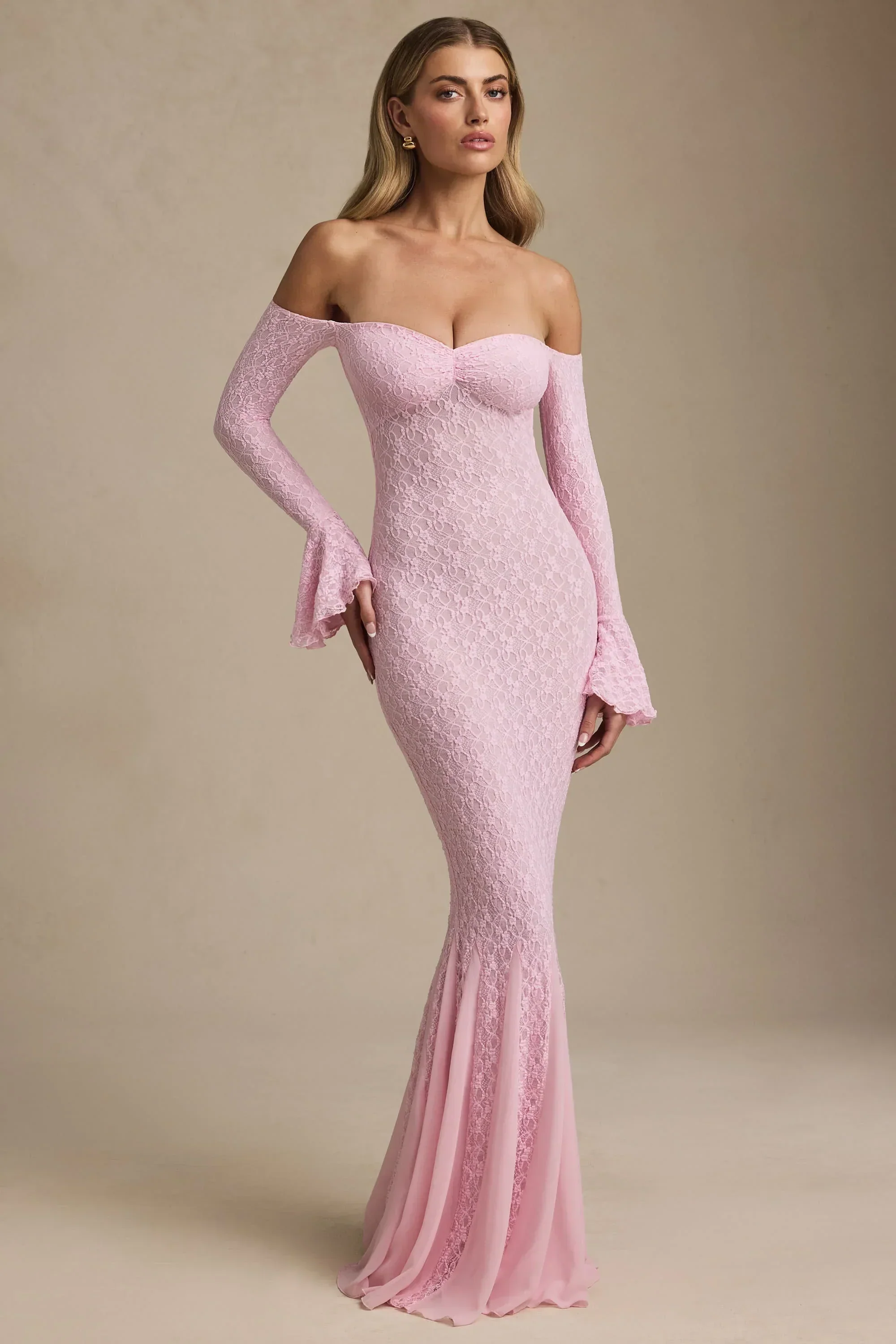 Off-Shoulder Ruffle Lace Maxi Dress in Soft Pink