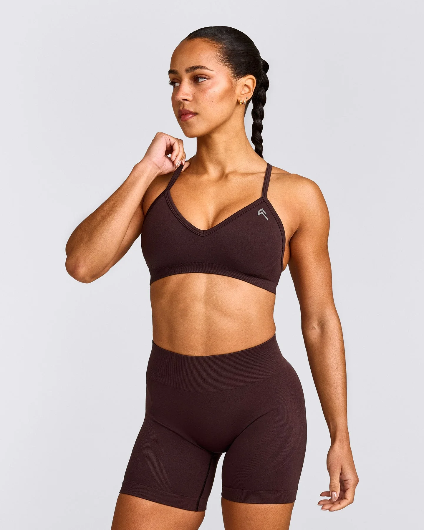 EnhanceLift™ Seamless Strappy Sports Bra with Grey Logo | Plum Brown