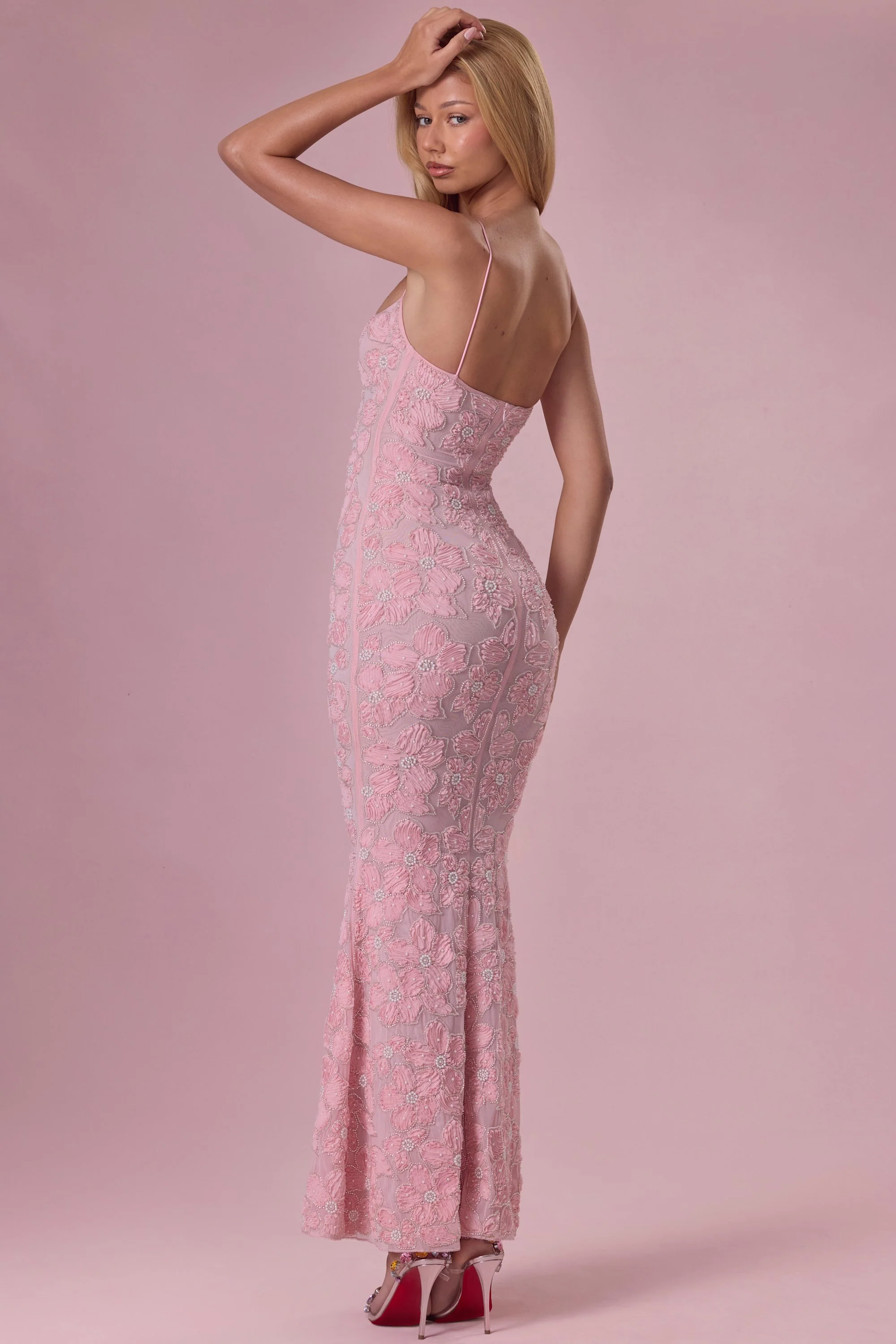 Embellished Square Neck Maxi Dress in Blush