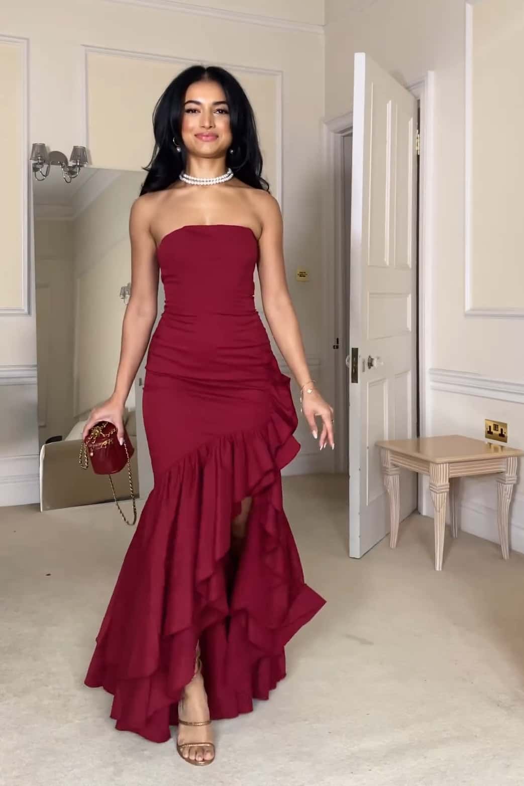 Strapless Burgundy Mermaid Ruffle Long Dress