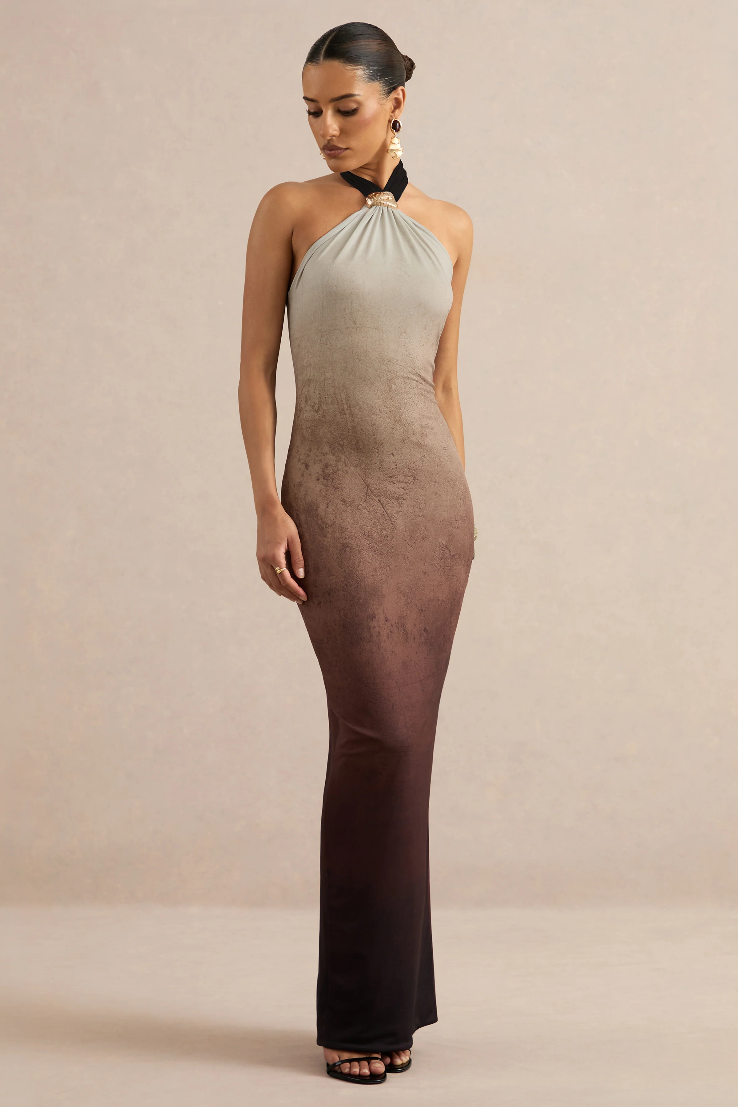 Thera | Brown Ombre Print Jersey Halter Maxi Dress With Gold Trim Detailing And Back Split