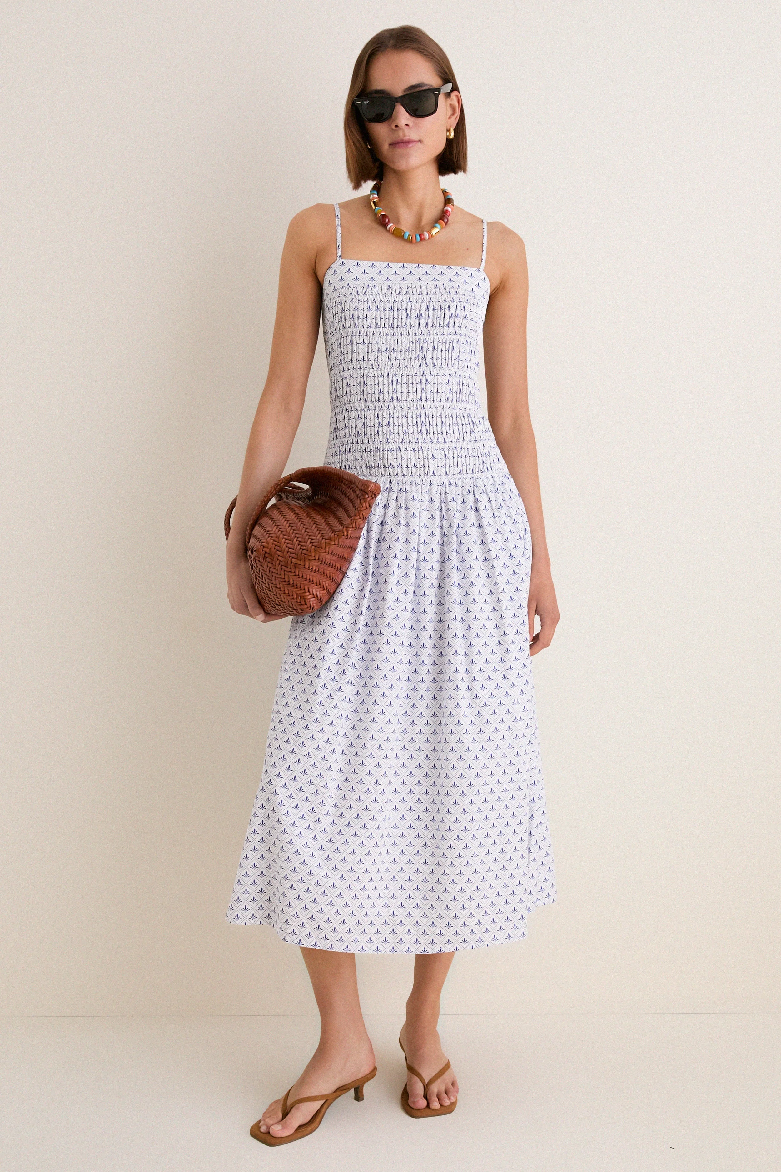 Blue & White Ditsy Tile Smocked Keeley Maxi Dress