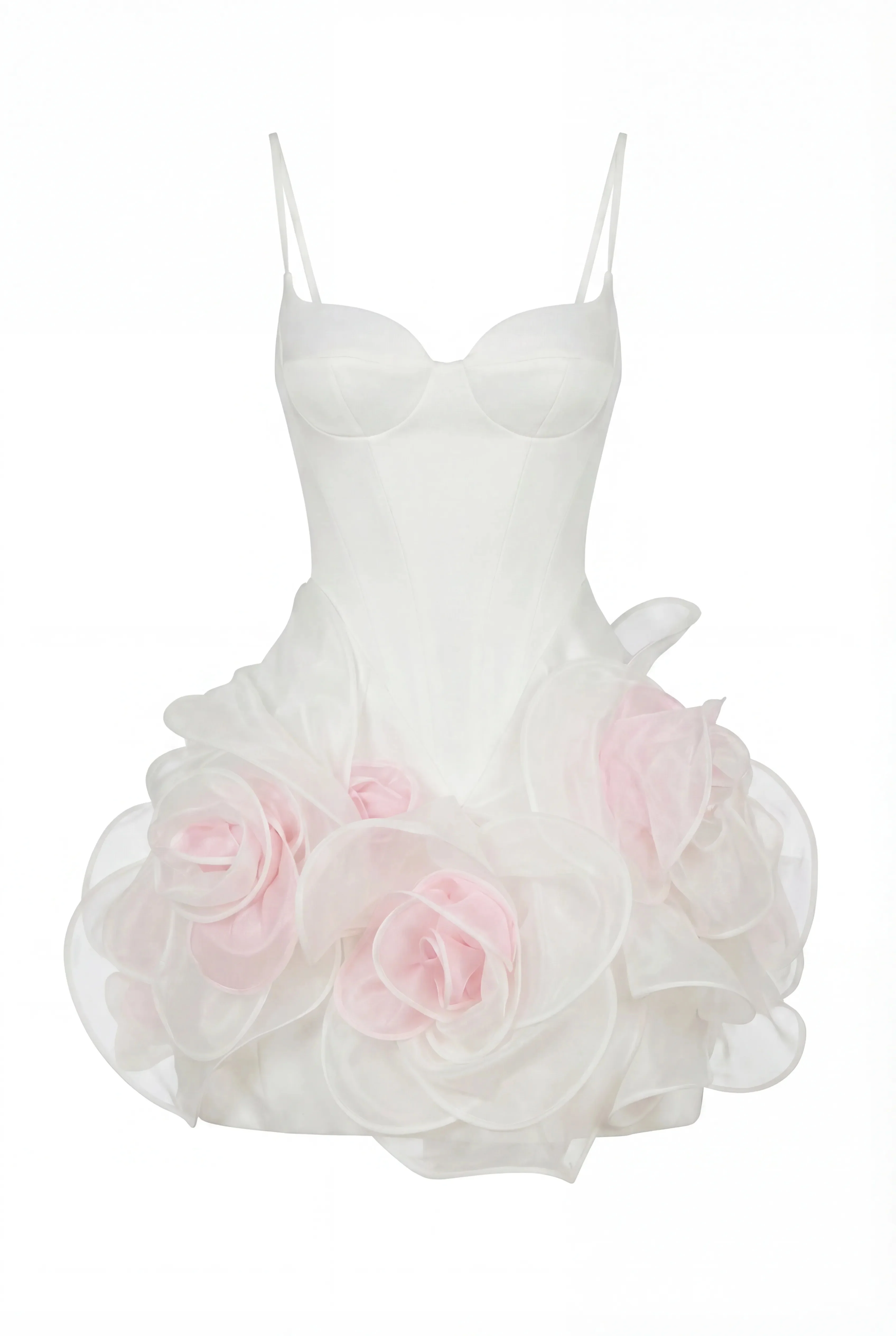 White mini dress with satin corset and 3D floral skirt