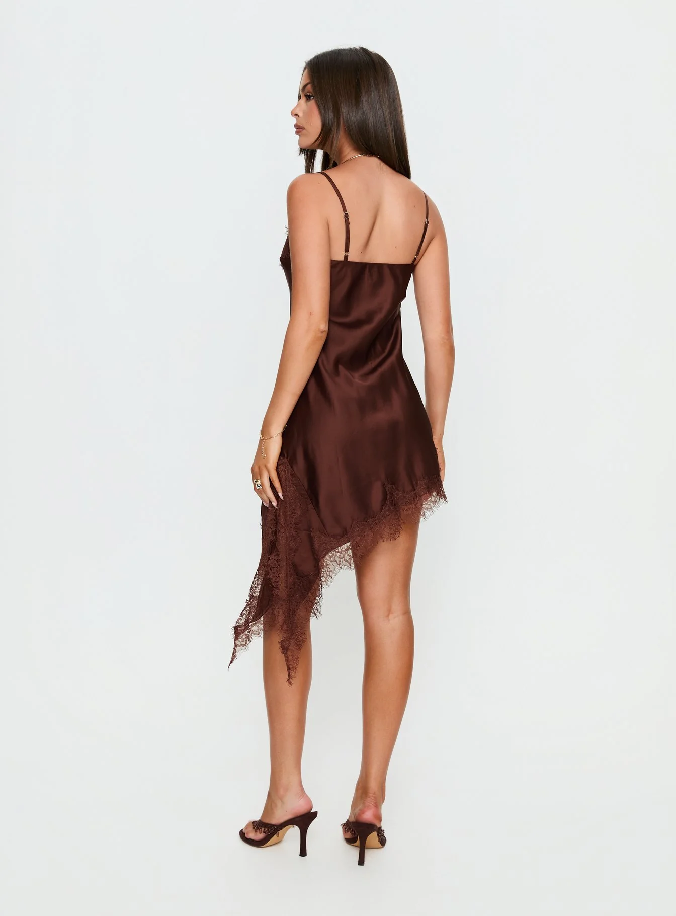 Malakhai Lace Asymmetrical Mini Dress Chocolate
