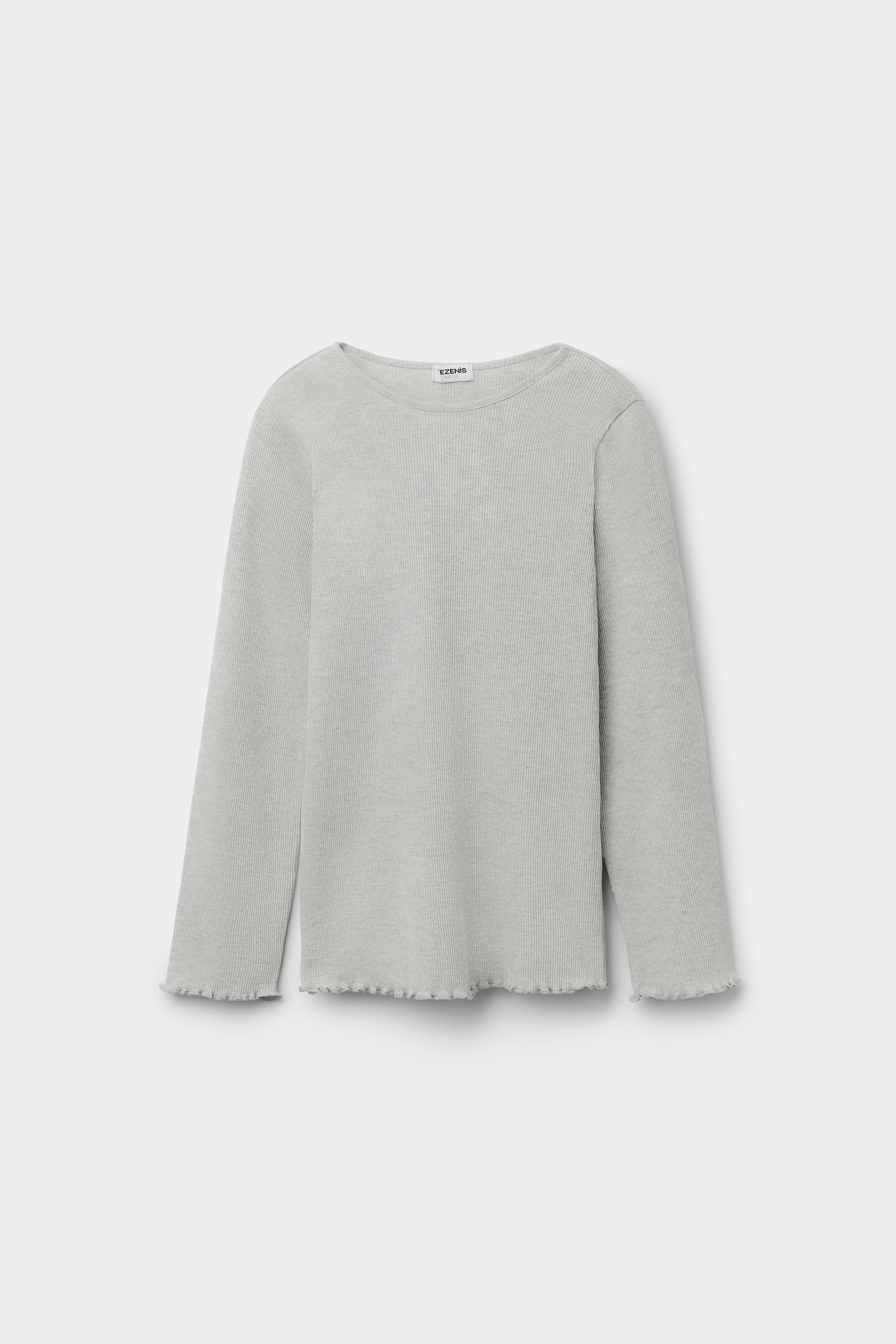 Girls’ Long Sleeve Ribbed Round-Neck Top with Rolled Hem