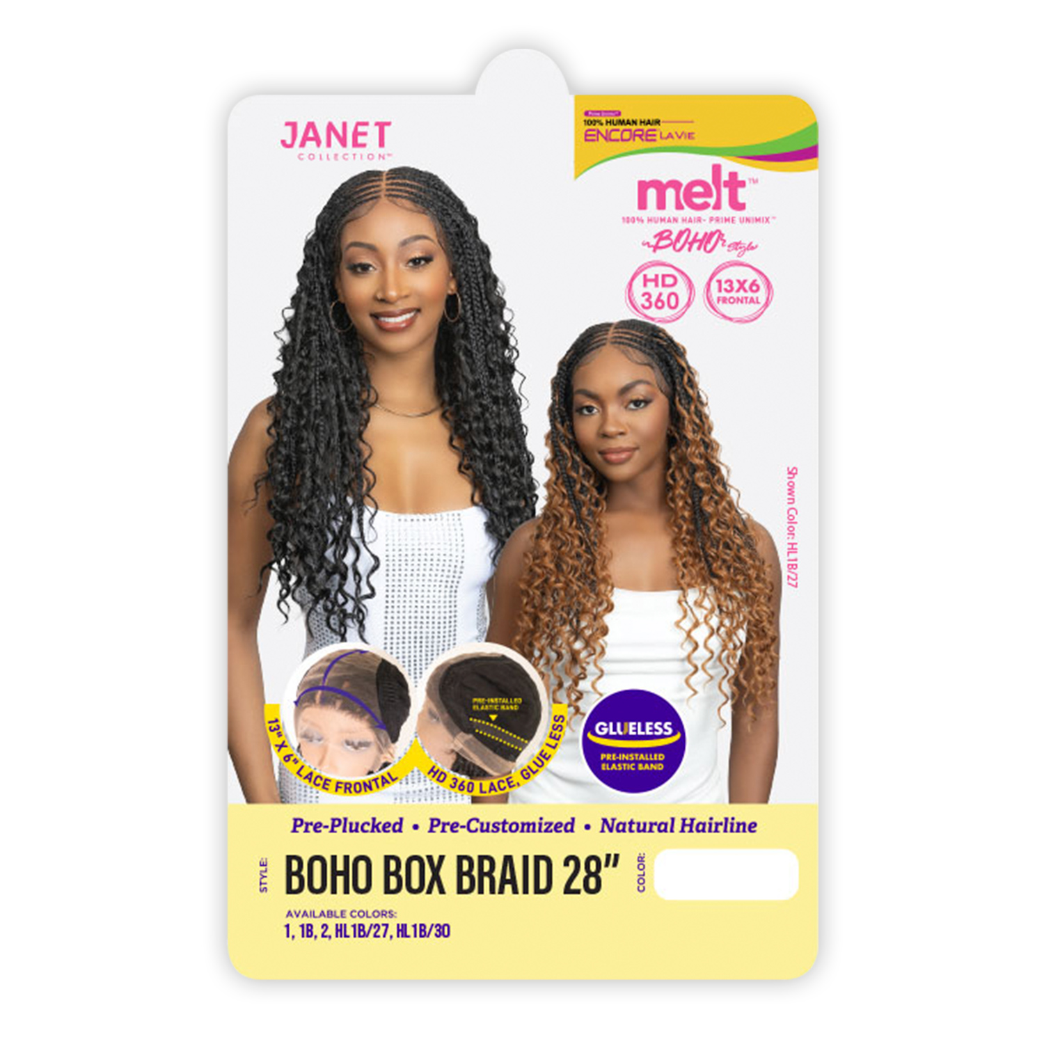 Janet Collection Human Hair Blend HD Lace Frontal Wig 360 Glueless Melt Hand-Tied 13X6 Boho Box Braid 28