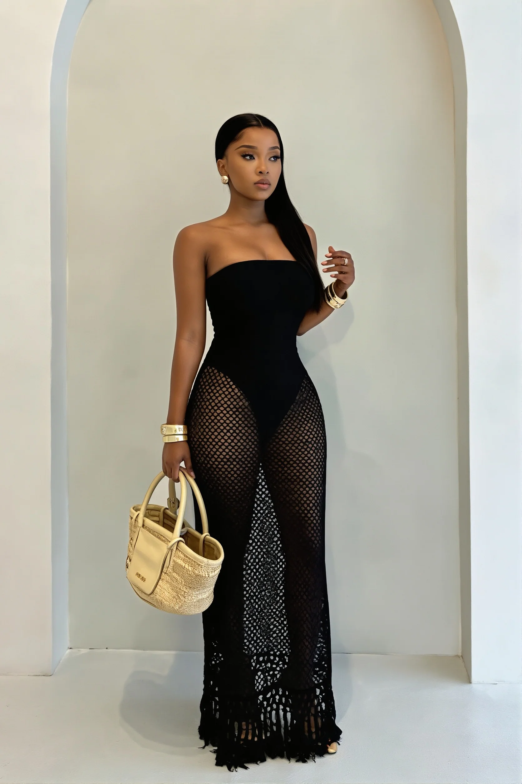Solid Hollow Out Knitted Slim Vacation Maxi Dress