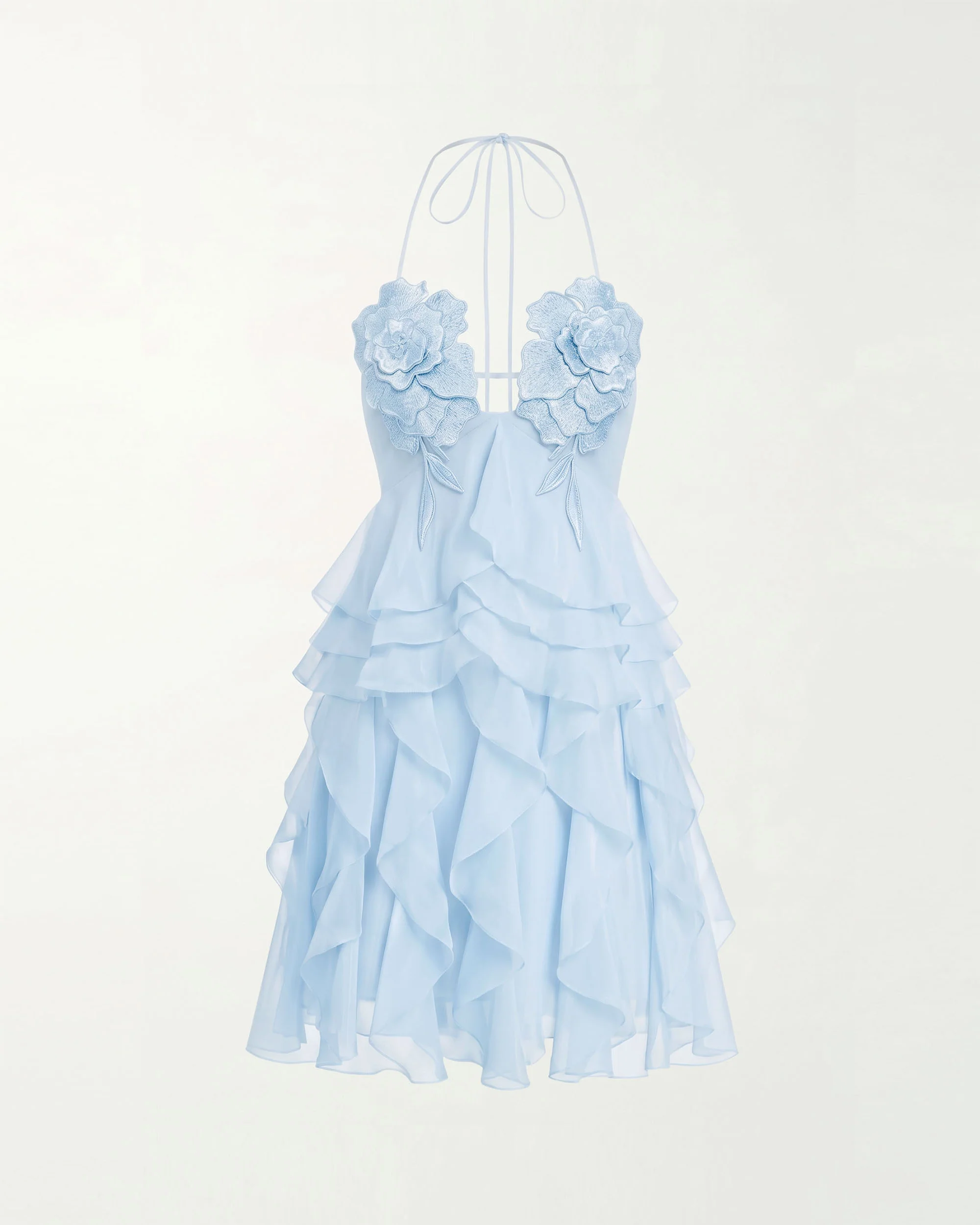 Flower Embroidered Halter Ruffled Mini Dress - Light Blue