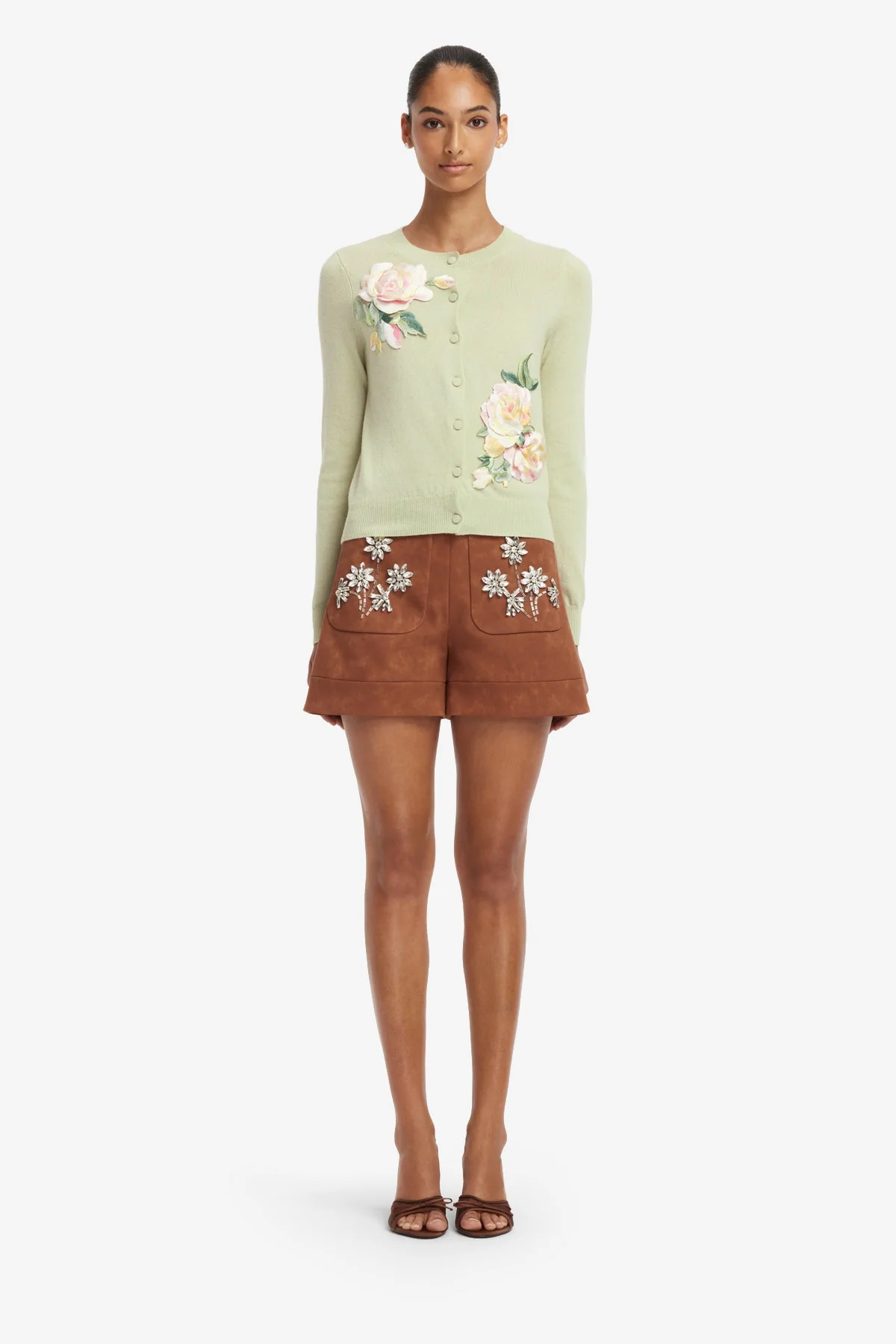 Tessa Embellished Vegan Suede Shorts - Chestnut