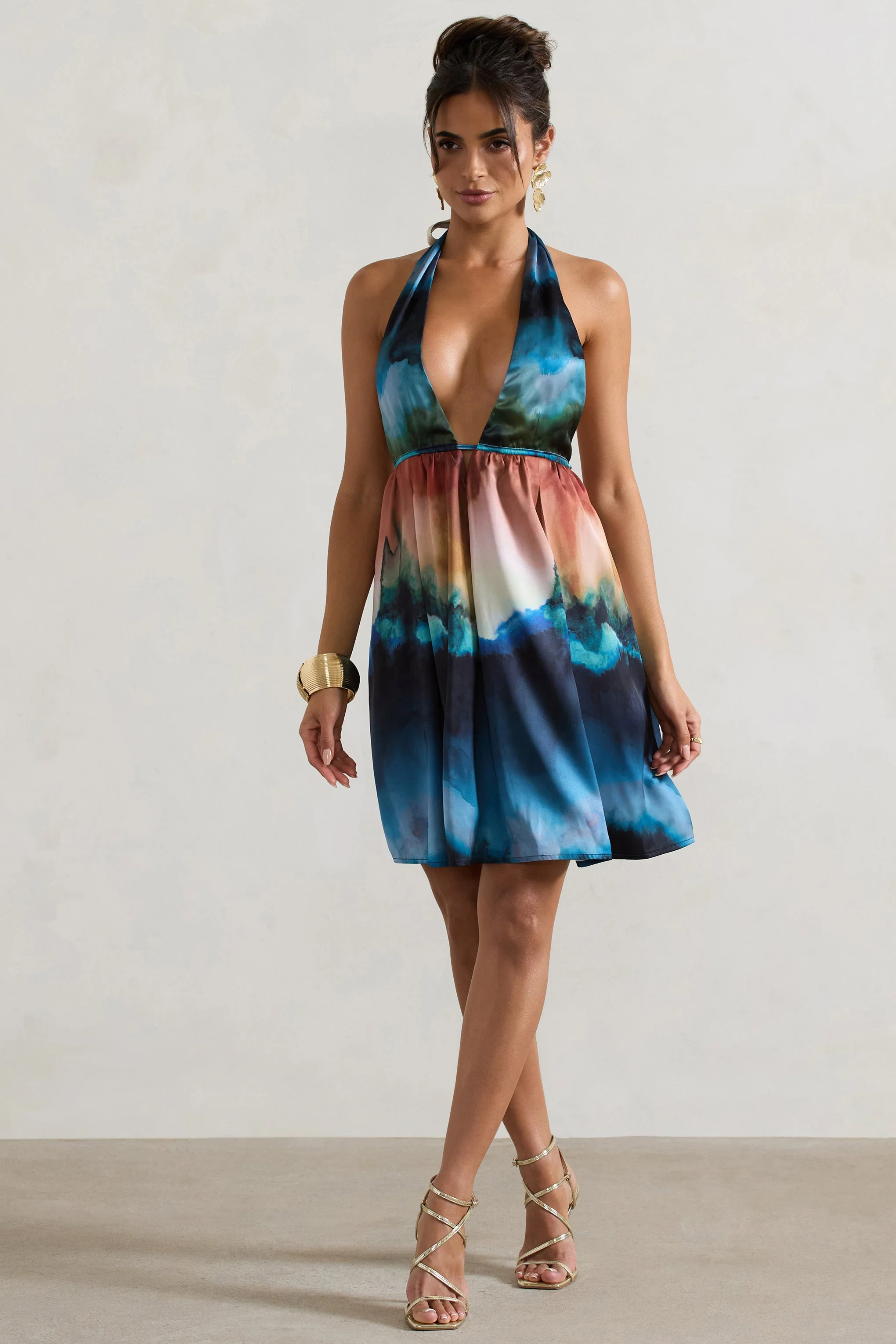 Naxos | Multi Blur Print Plunge-Neck Babydoll Mini Dress