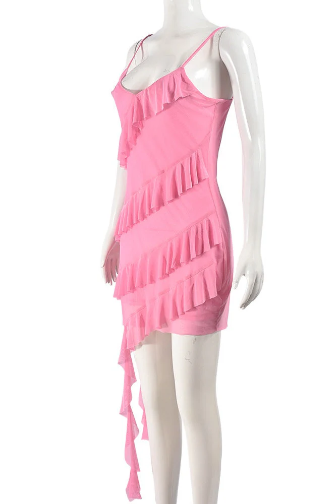 Pink Straps Ruffle Tight Short Dress