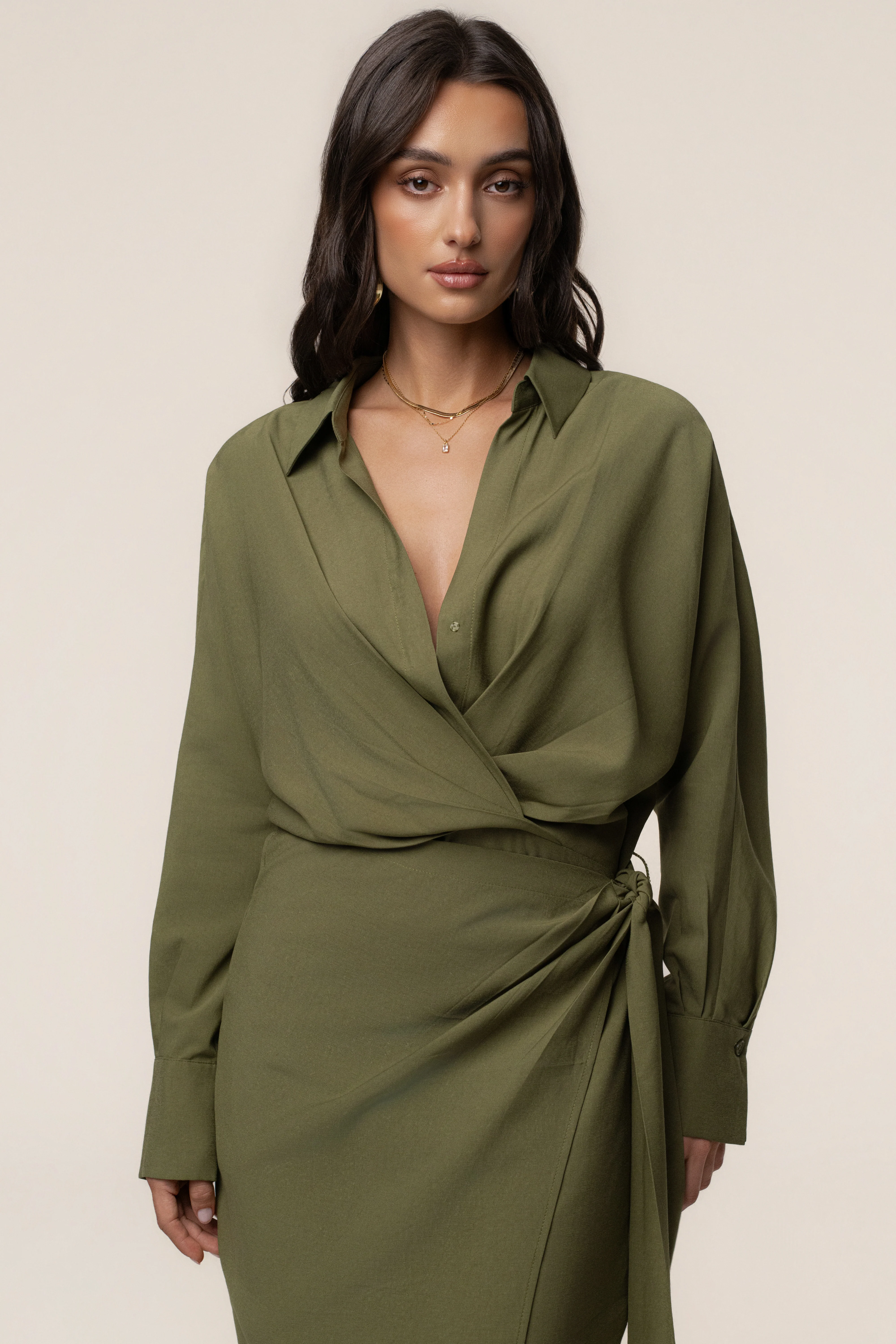 Olive Skyline Wrap Midi Dress