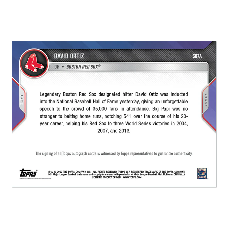 On-Card Auto # to 99 - David Ortiz - 2022 MLB TOPPS NOW® Card 587A
