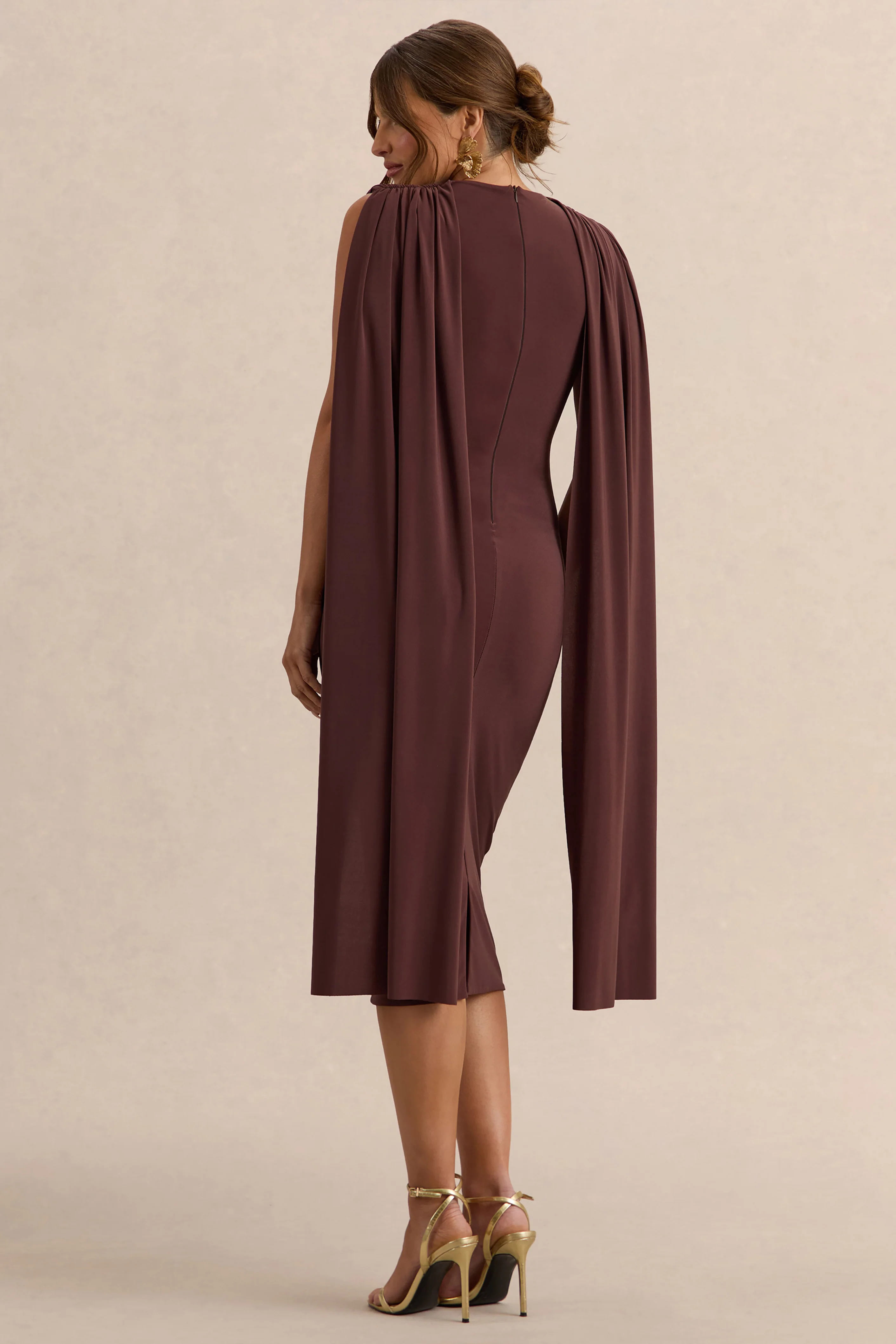 Milaine | Dark Brown Round-Neck Maternity Midi Dress With Cape Sleeves