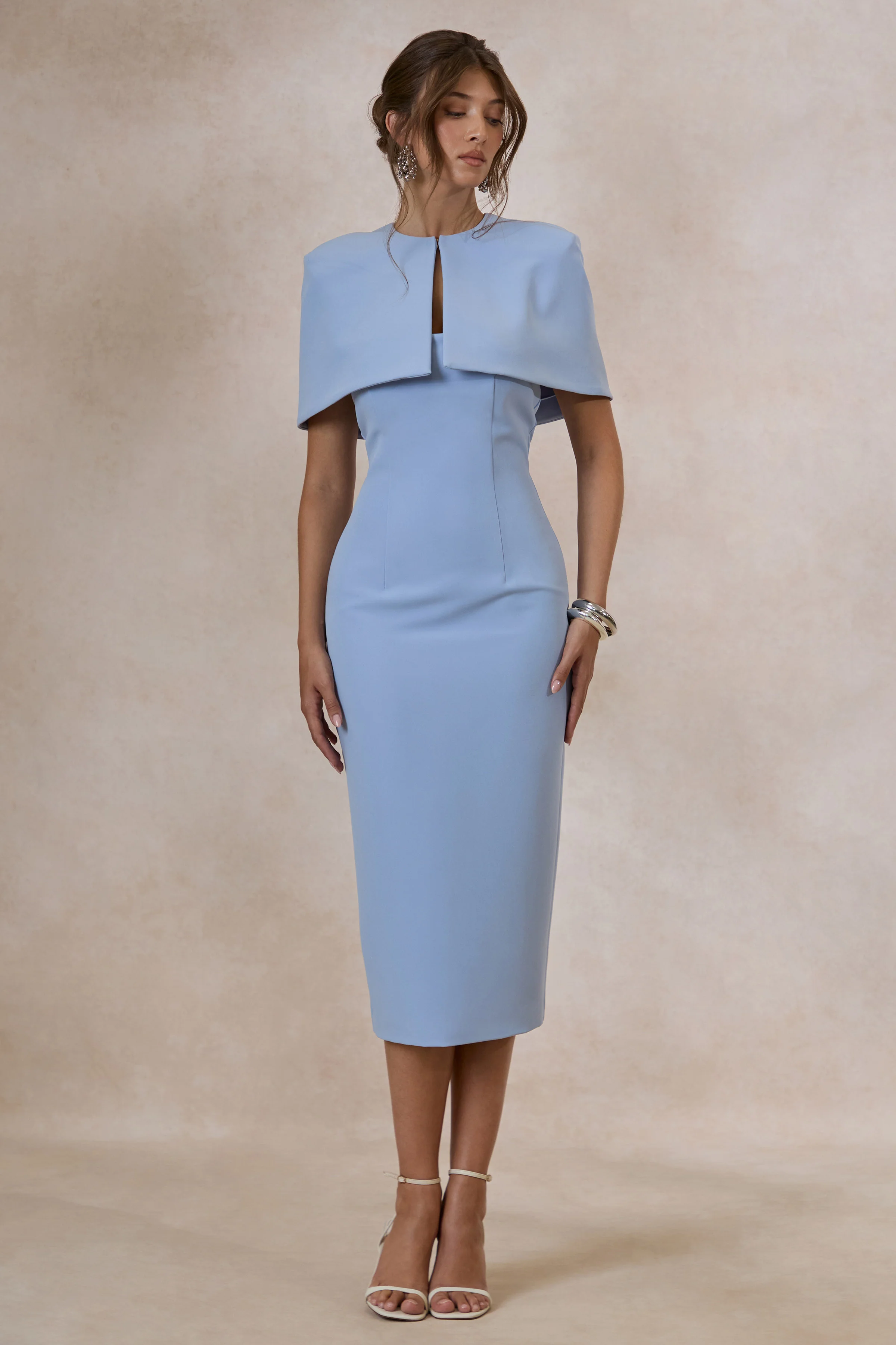 Celandia | Light Blue Round Neck Midi Dress With Detachable Cape And Back Split