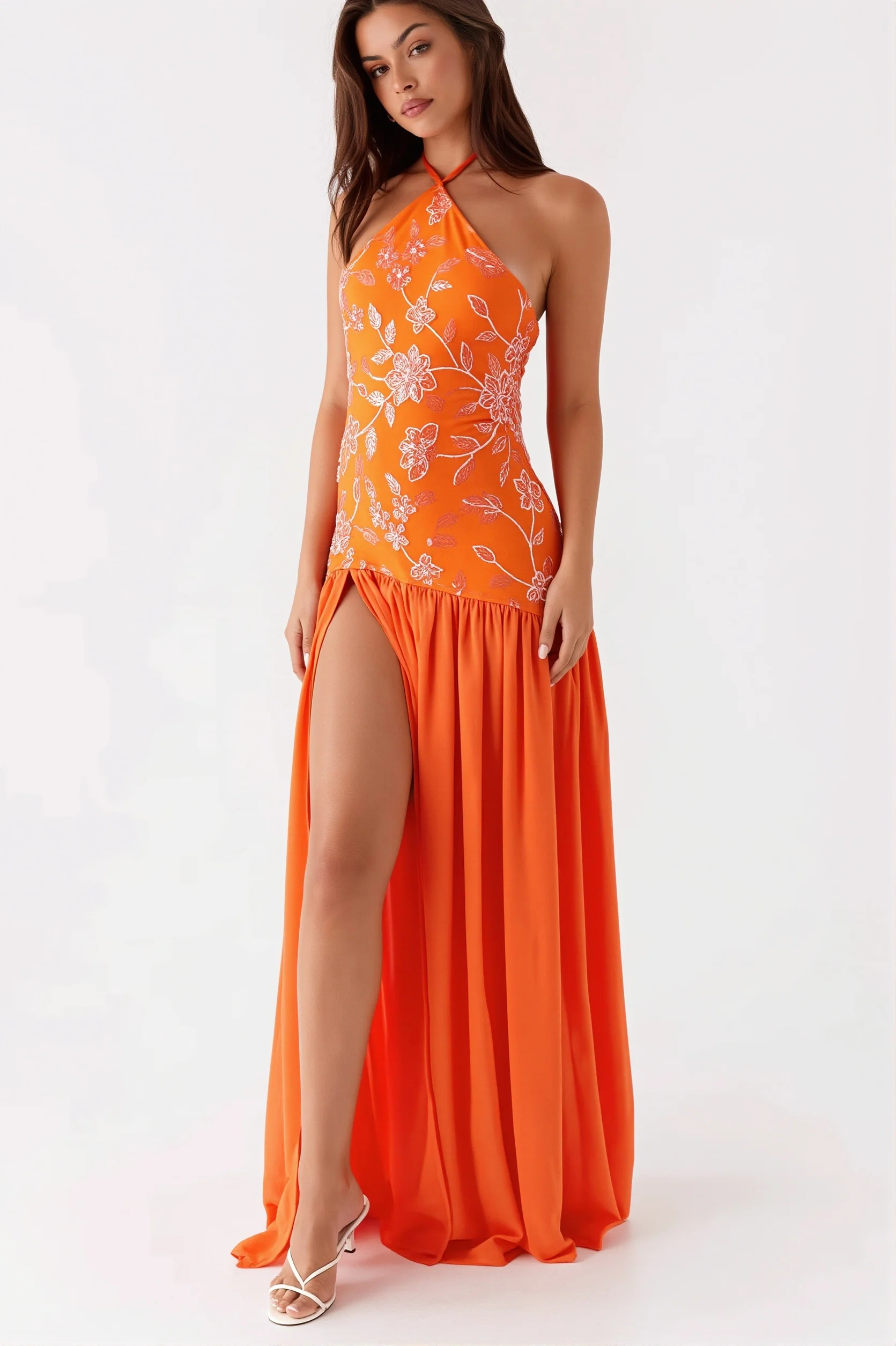 Beaded Splice Halter Neck Split Maxi Dress