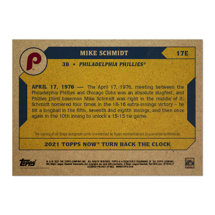 On-Card Auto # to 1 - Mike Schmidt - 2021 MLB TOPPS NOW® Turn Back The Clock - Card 17E